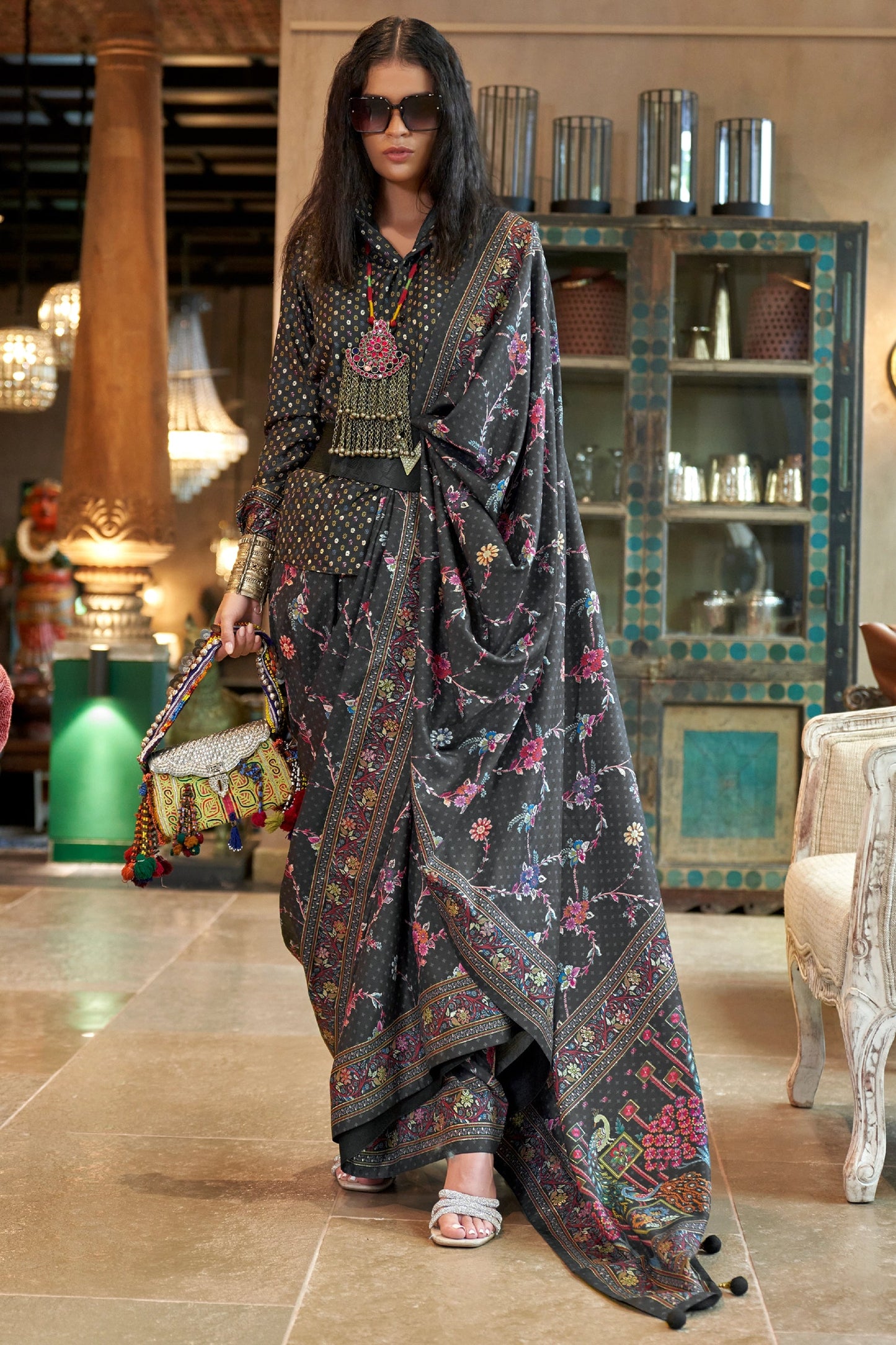 Charcoal Black Printed Silk Saree-SAR11301_1_SareeButa.com