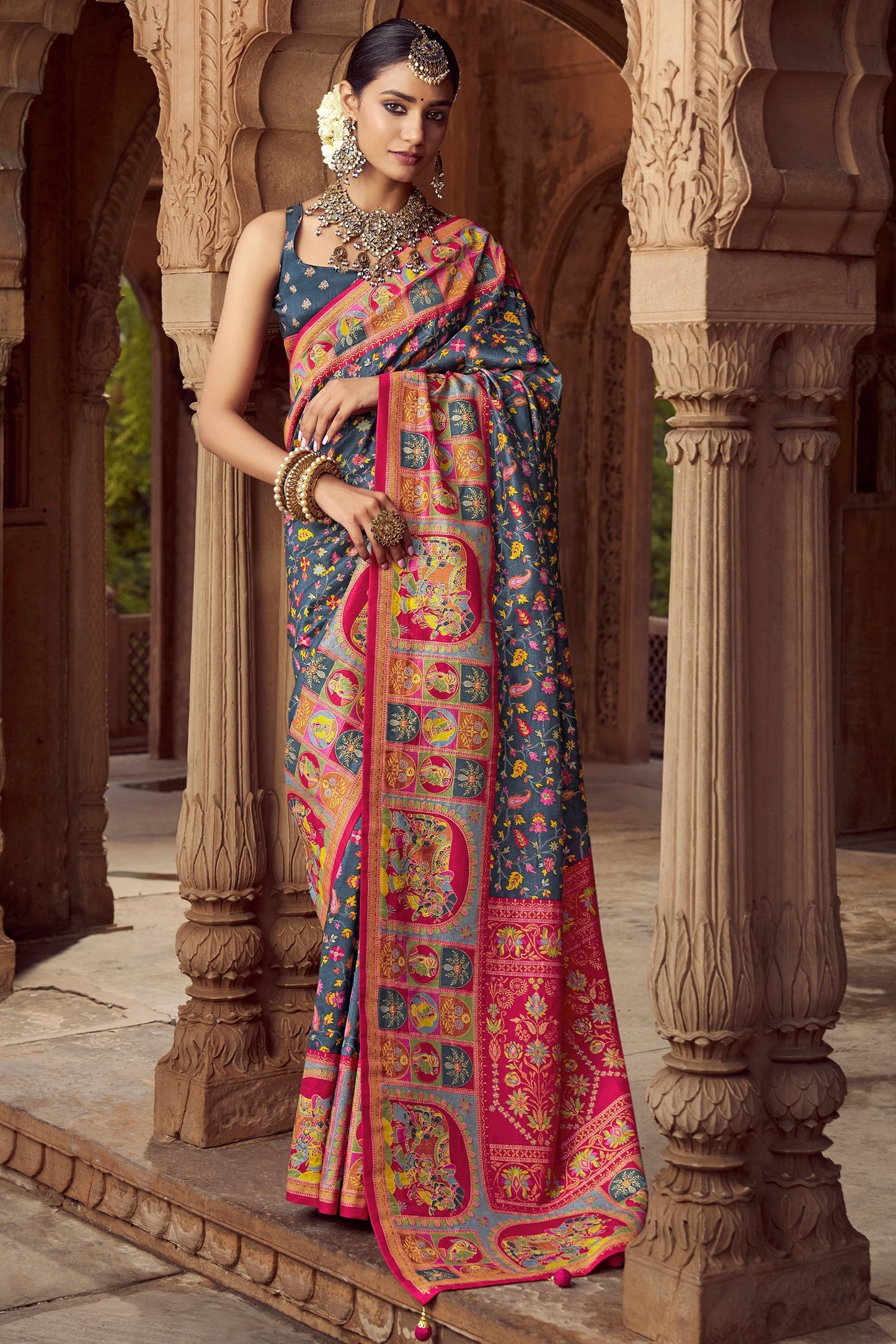 Charcoal Grey Pashmina Printed Viscose Silk Saree-SAR10402_1_SareeButa.com