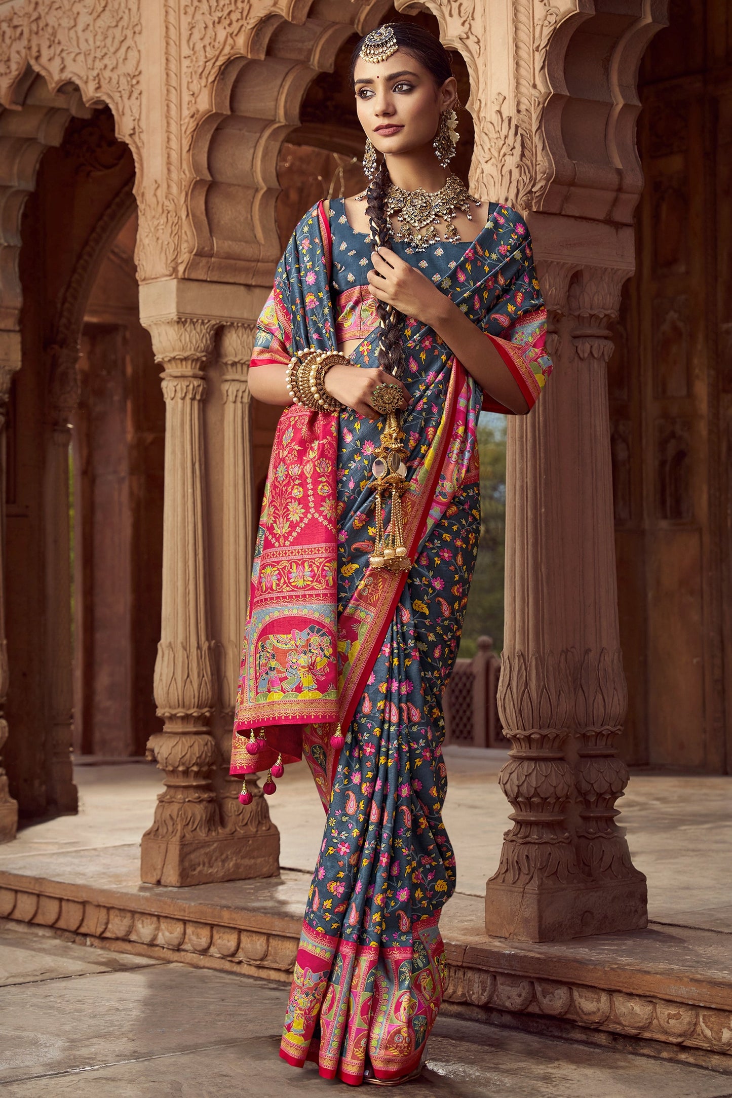 Charcoal Grey Pashmina Printed Viscose Silk Saree-SAR10402_3_SareeButa.com