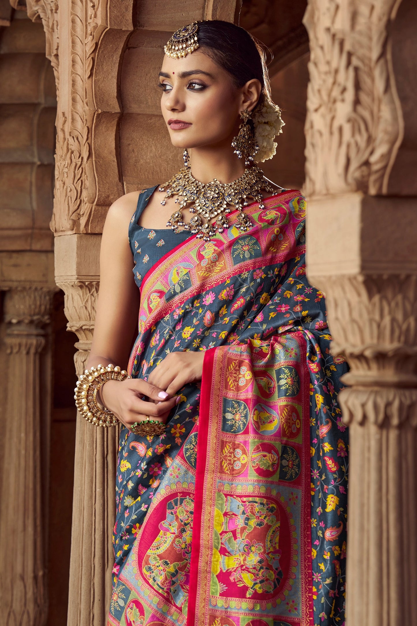 Charcoal Grey Pashmina Printed Viscose Silk Saree-SAR10402_4_SareeButa.com