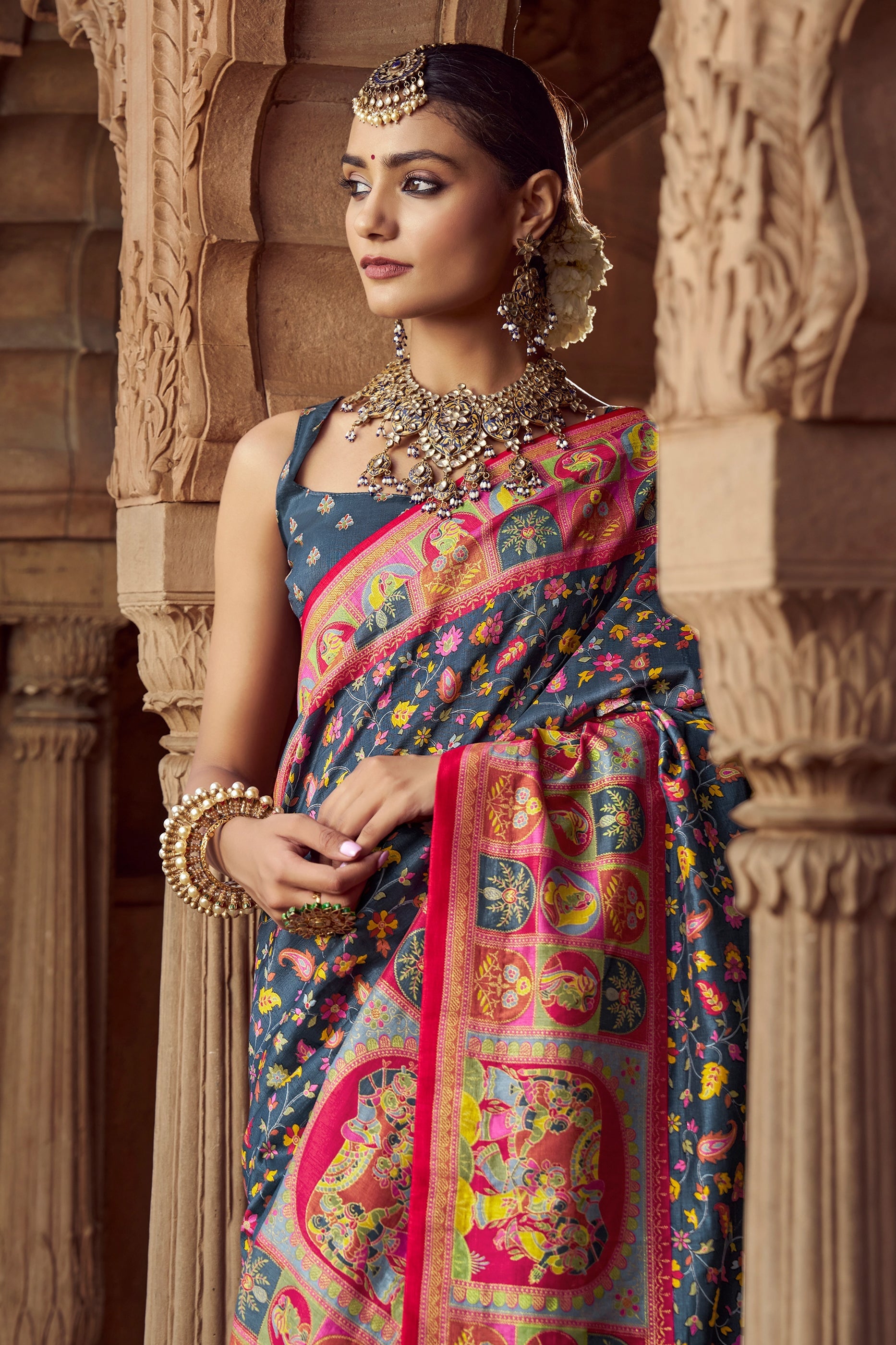 Charcoal Grey Pashmina Printed Viscose Silk Saree-SAR10402_4_SareeButa.com