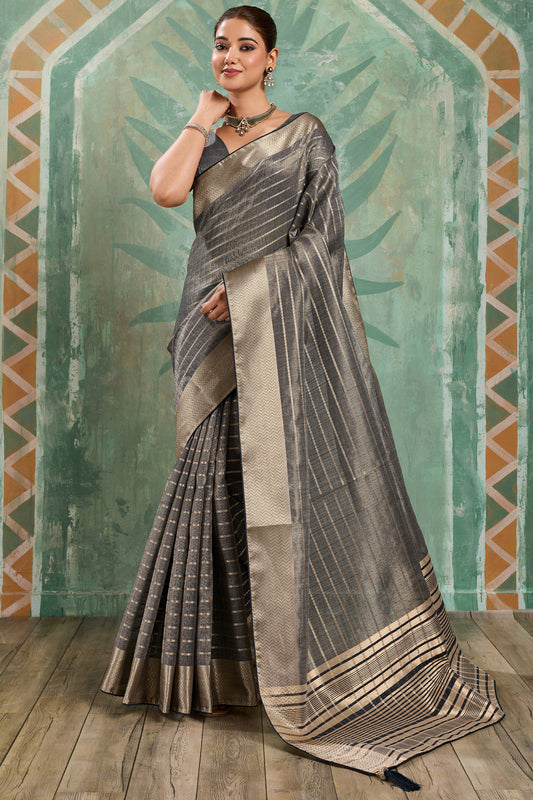 Charcoal Grey Woven Cotton Tissue Saree-SAR12934_1_SareeButa.com