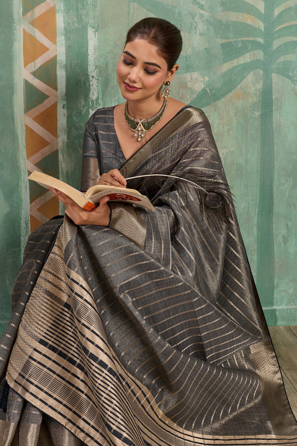 Charcoal Grey Woven Cotton Tissue Saree-SAR12934_2_SareeButa.com