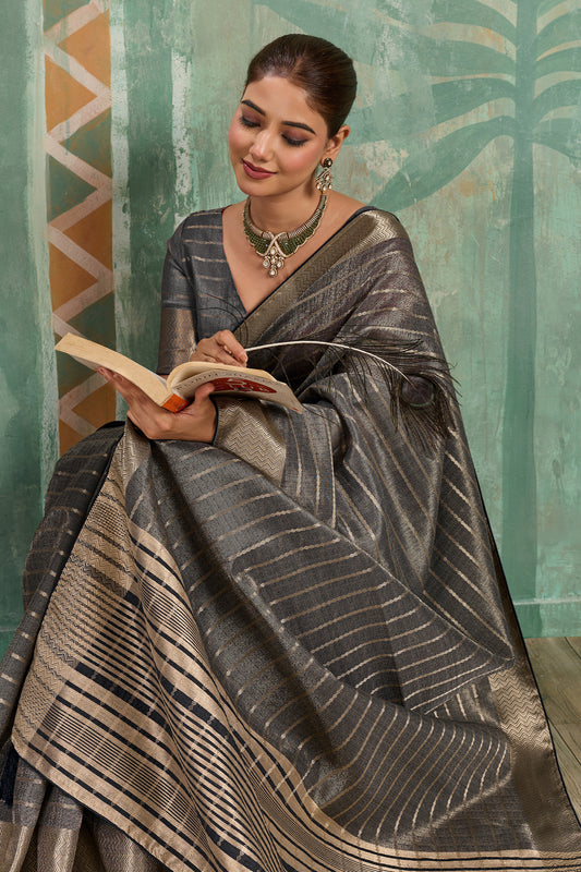 Charcoal Grey Woven Cotton Tissue Saree-SAR12934_2_SareeButa.com