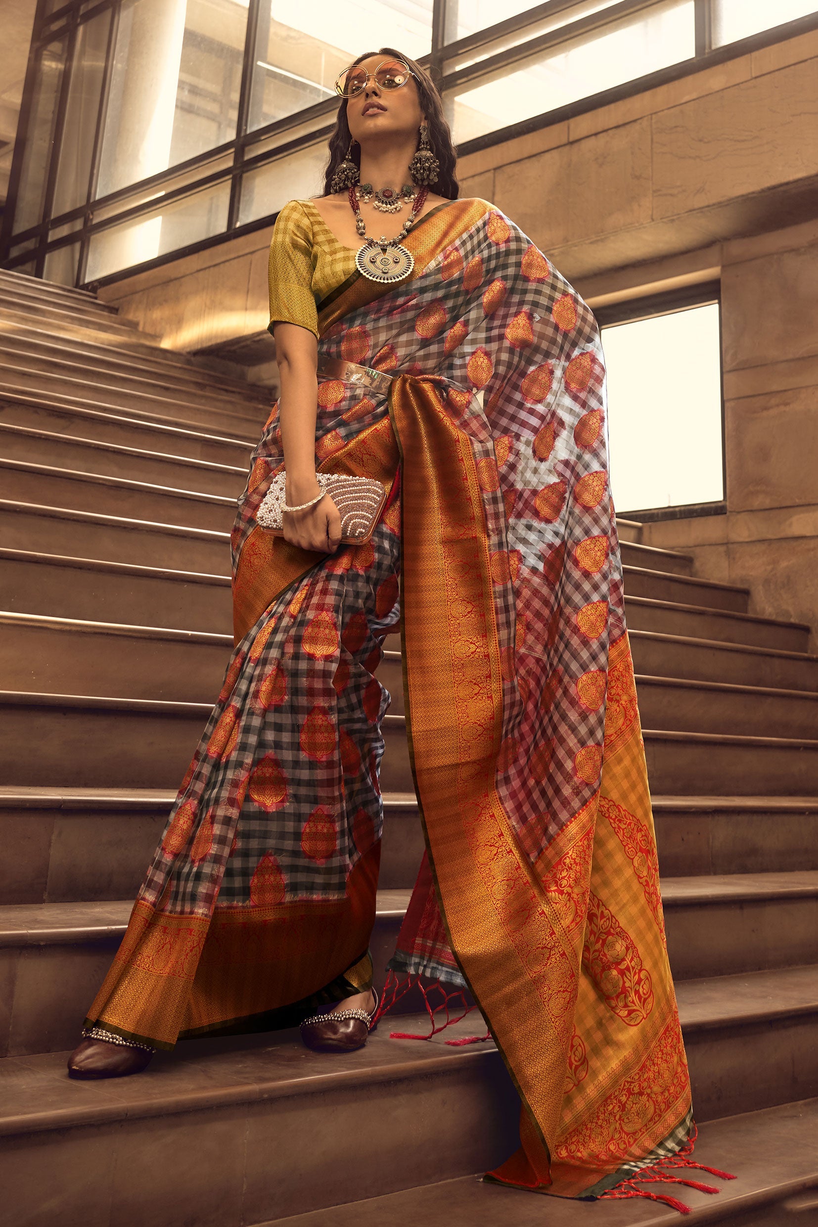 checkered-woven-organza-silk-saree-zb130629_1_SareeButa.com