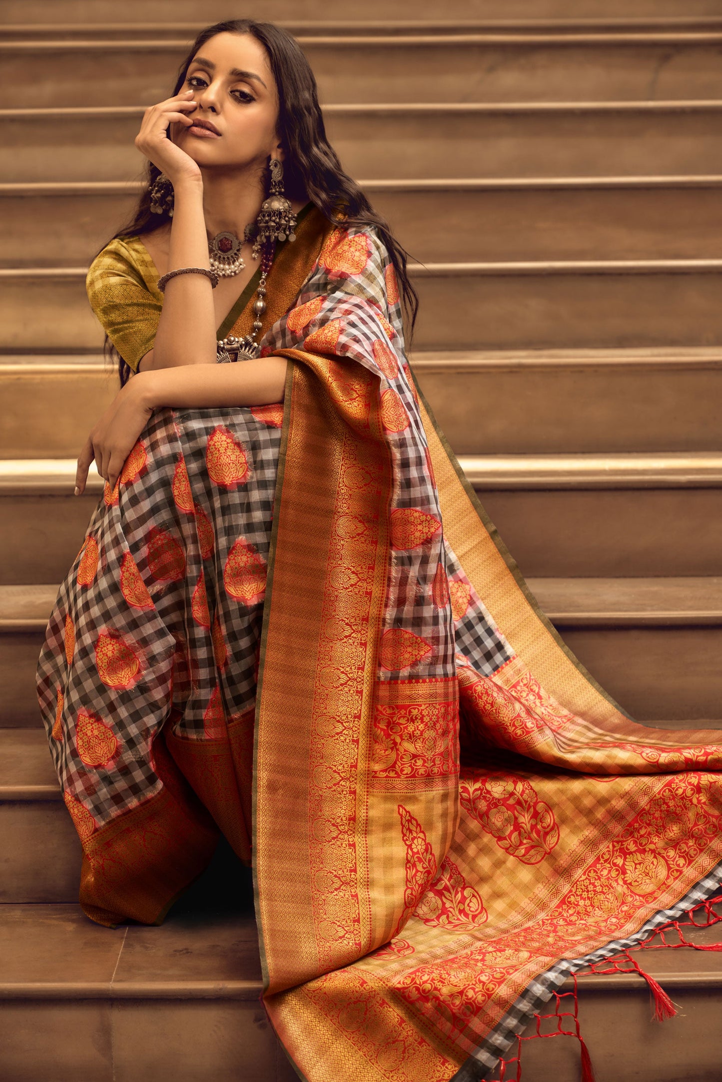 checkered-woven-organza-silk-saree-zb130629_2_SareeButa.com