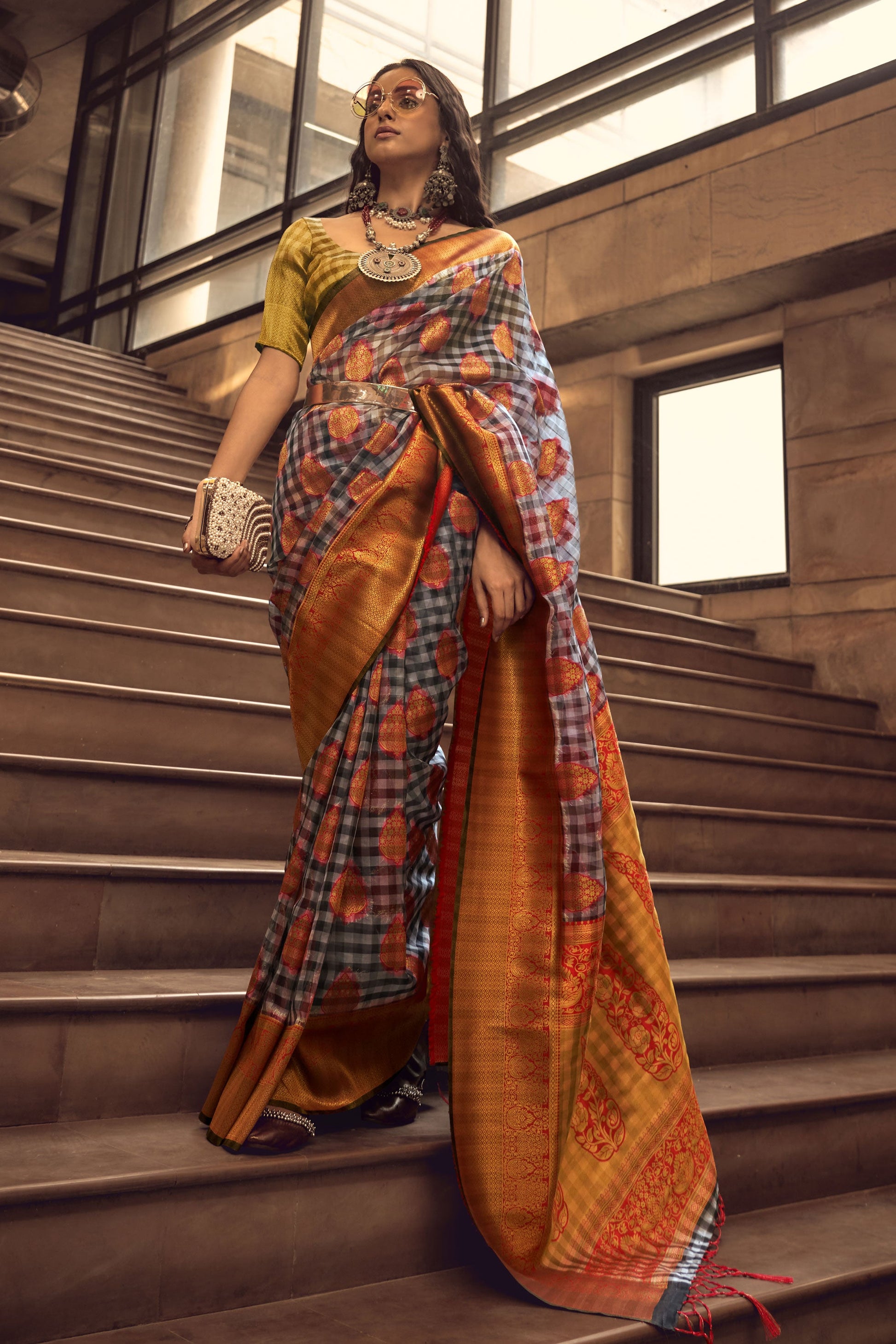 checkered-woven-organza-silk-saree-zb130629_3_SareeButa.com