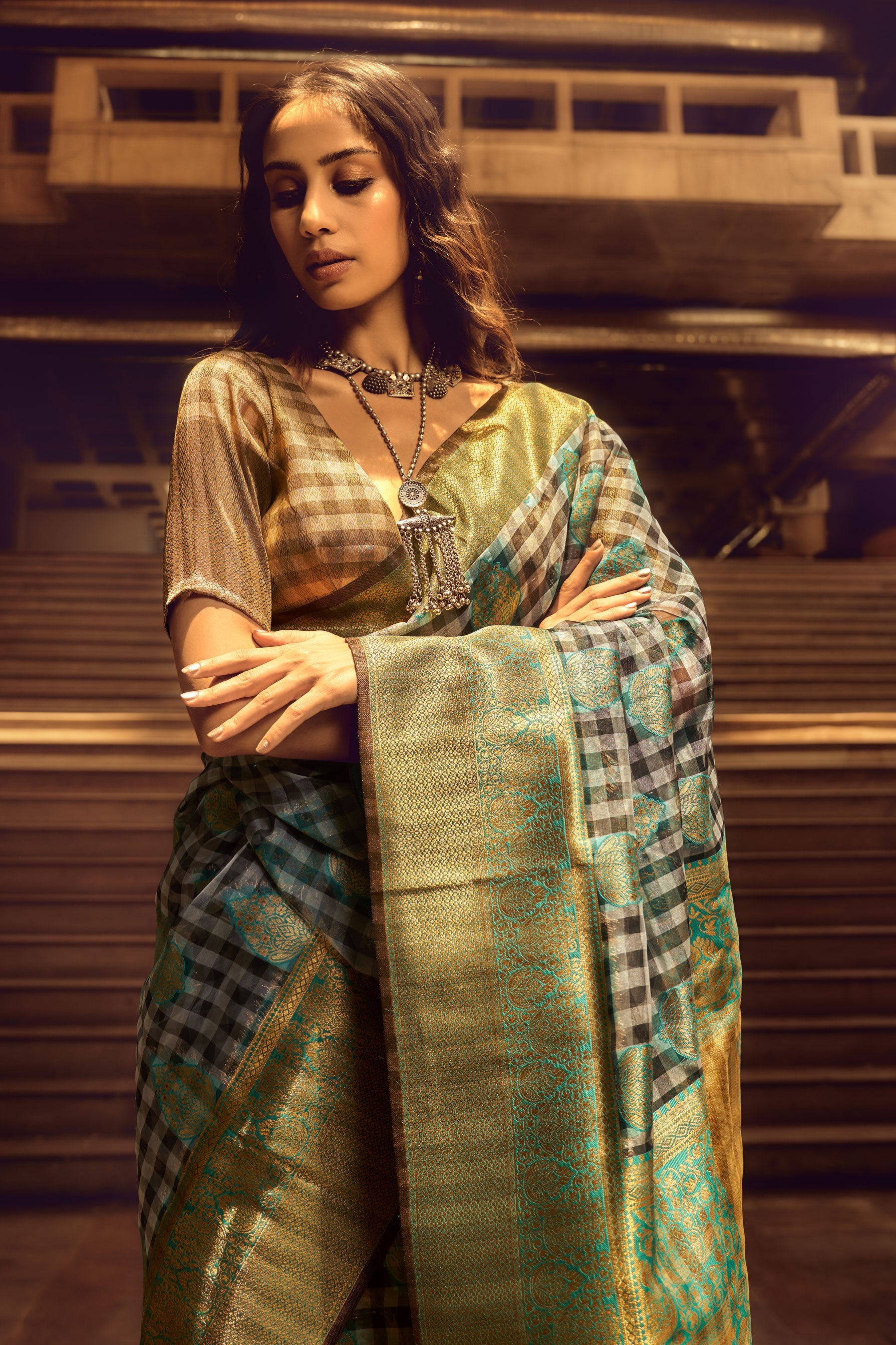 checkered-woven-organza-silk-saree-zb130631_2_SareeButa.com