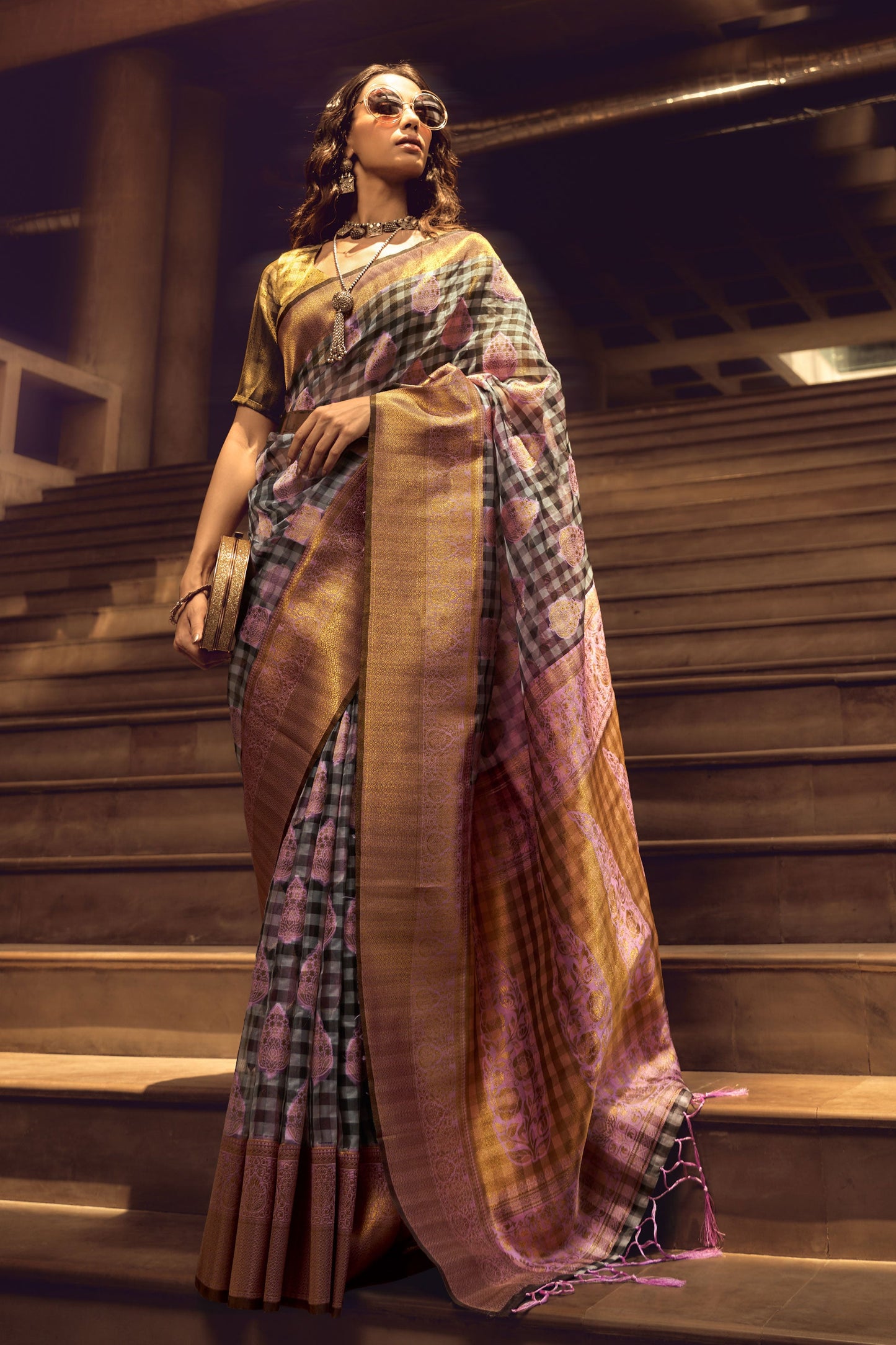 checkered-woven-organza-silk-saree-zb130632_1_SareeButa.com