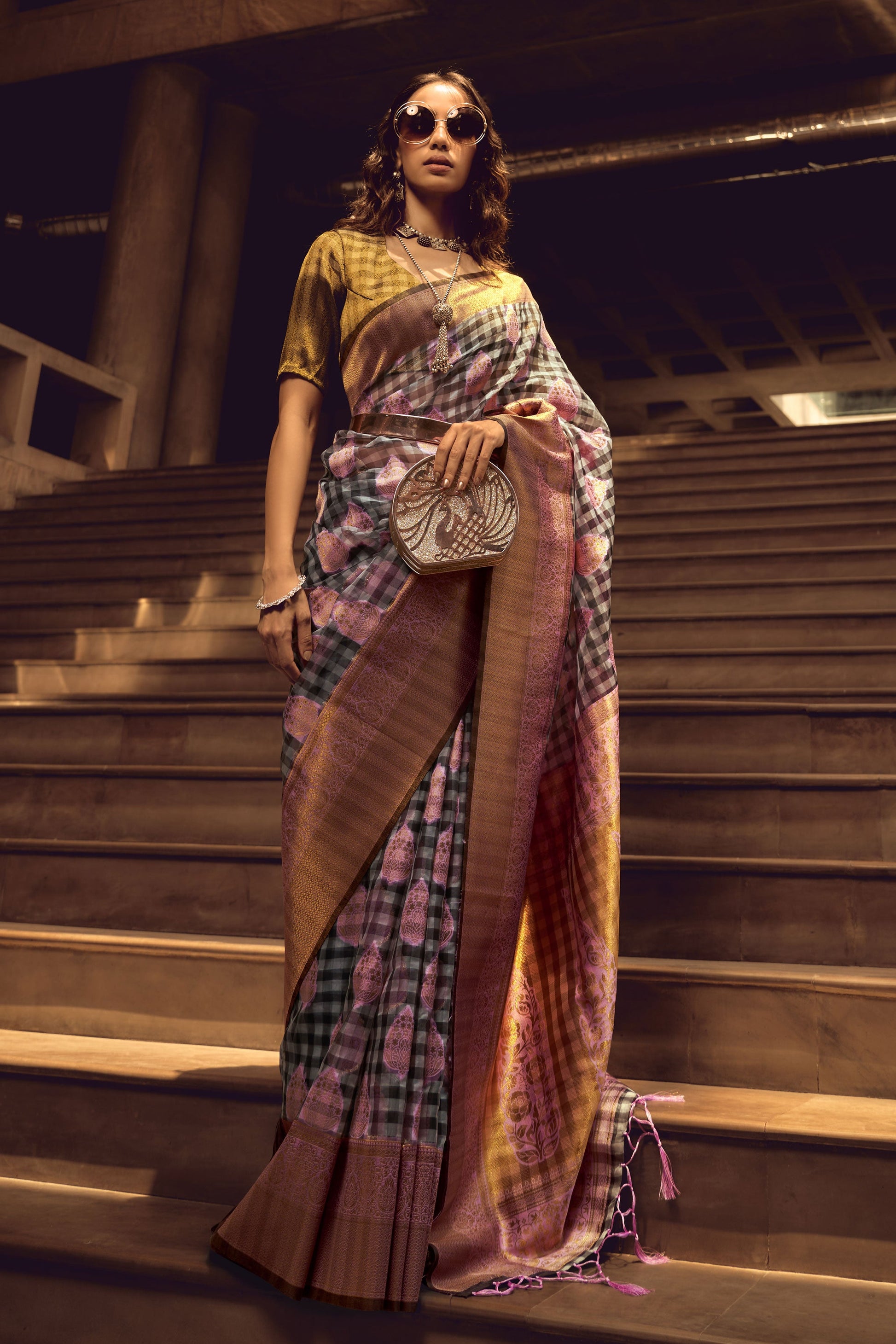 checkered-woven-organza-silk-saree-zb130632_2_SareeButa.com