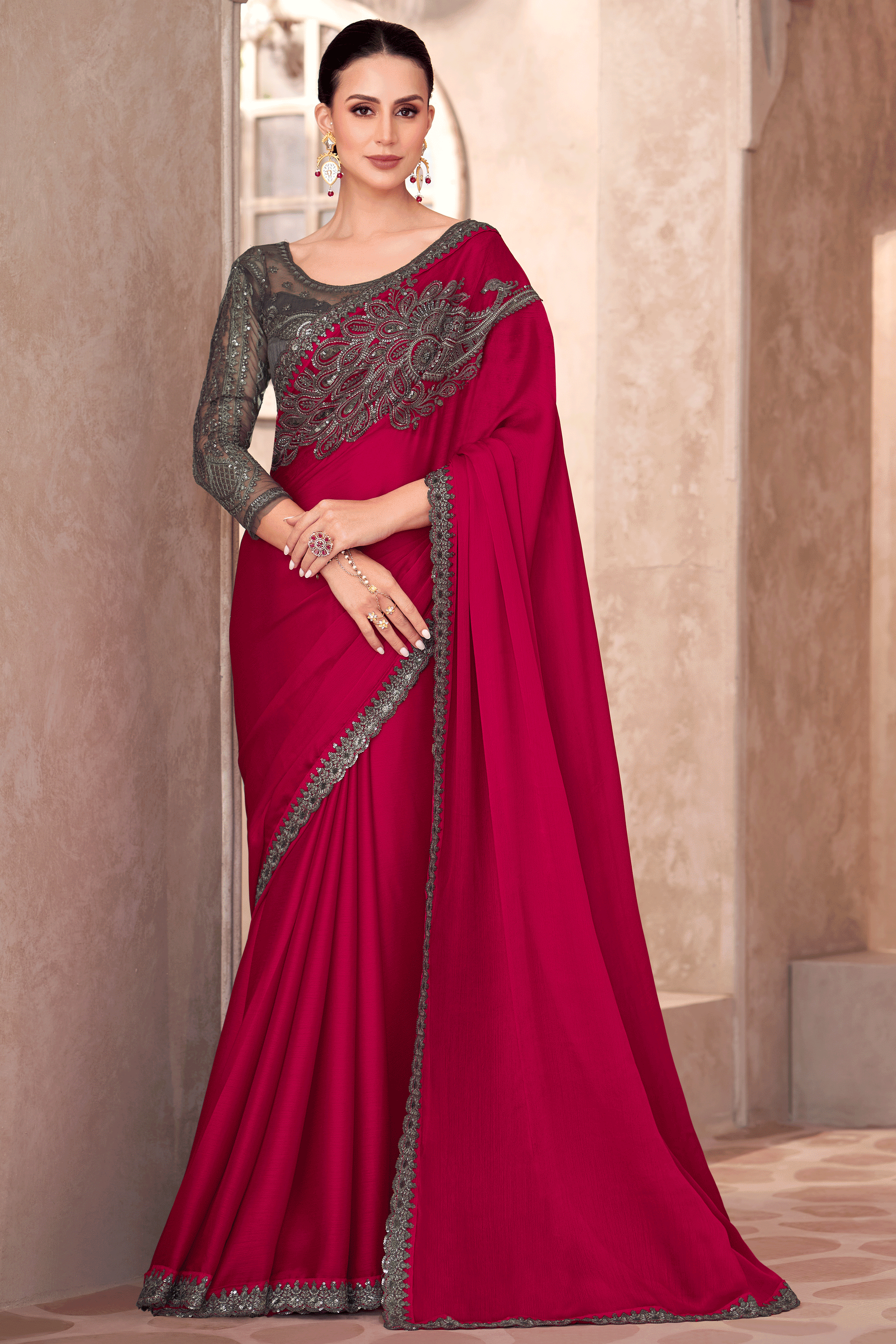Cherry Pink Embroidered Chiffon Saree-ZB134910_1_SareeButa.com