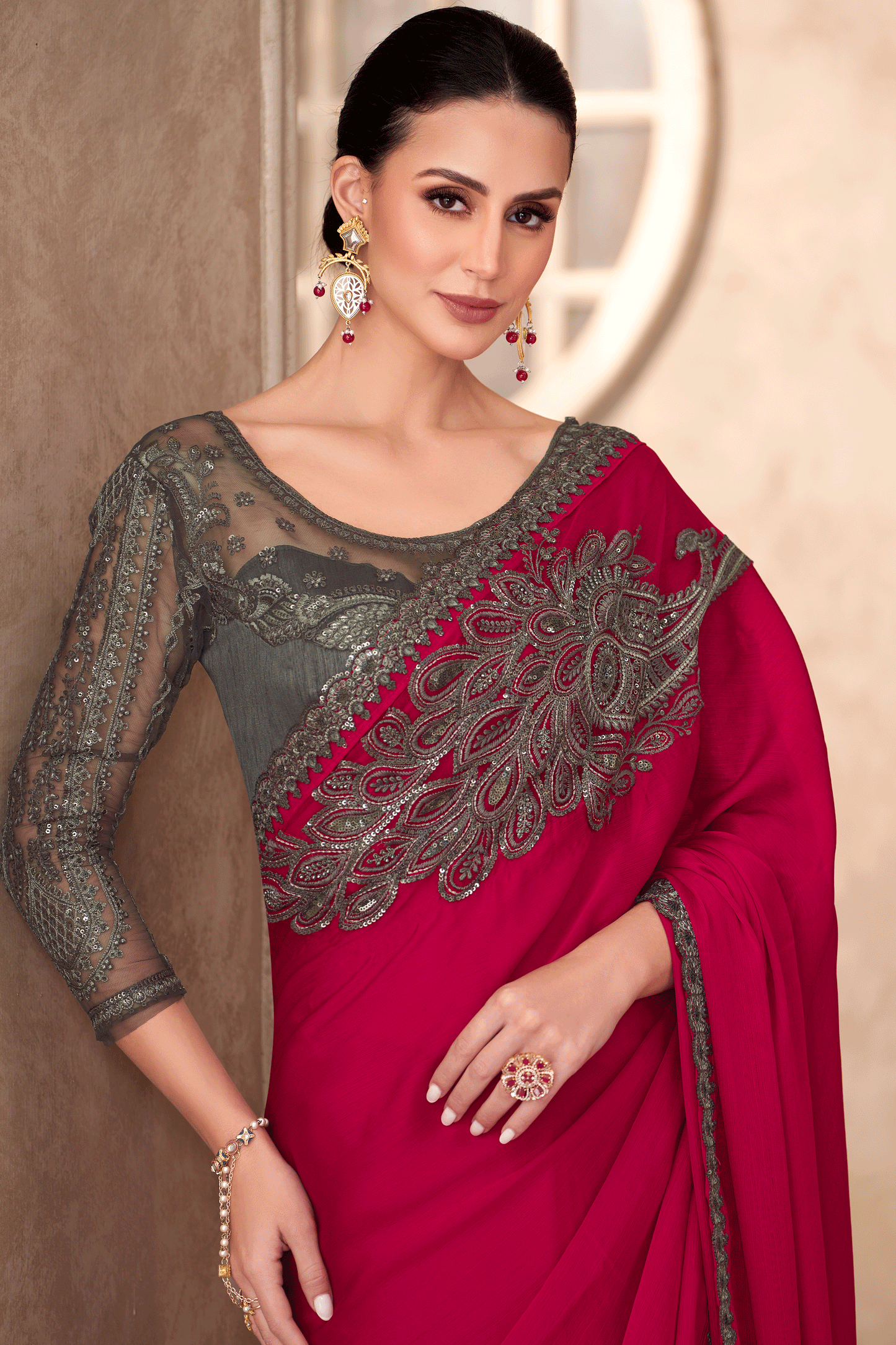 Cherry Pink Embroidered Chiffon Saree-ZB134910_2_SareeButa.com