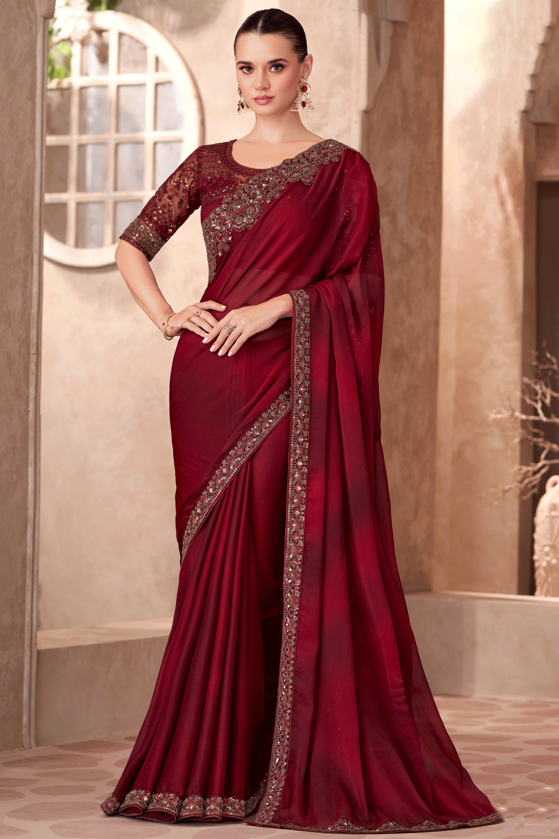 Cherry Red Embroidered Shaded Chiffon Saree-ZB134903_1_SareeButa.com