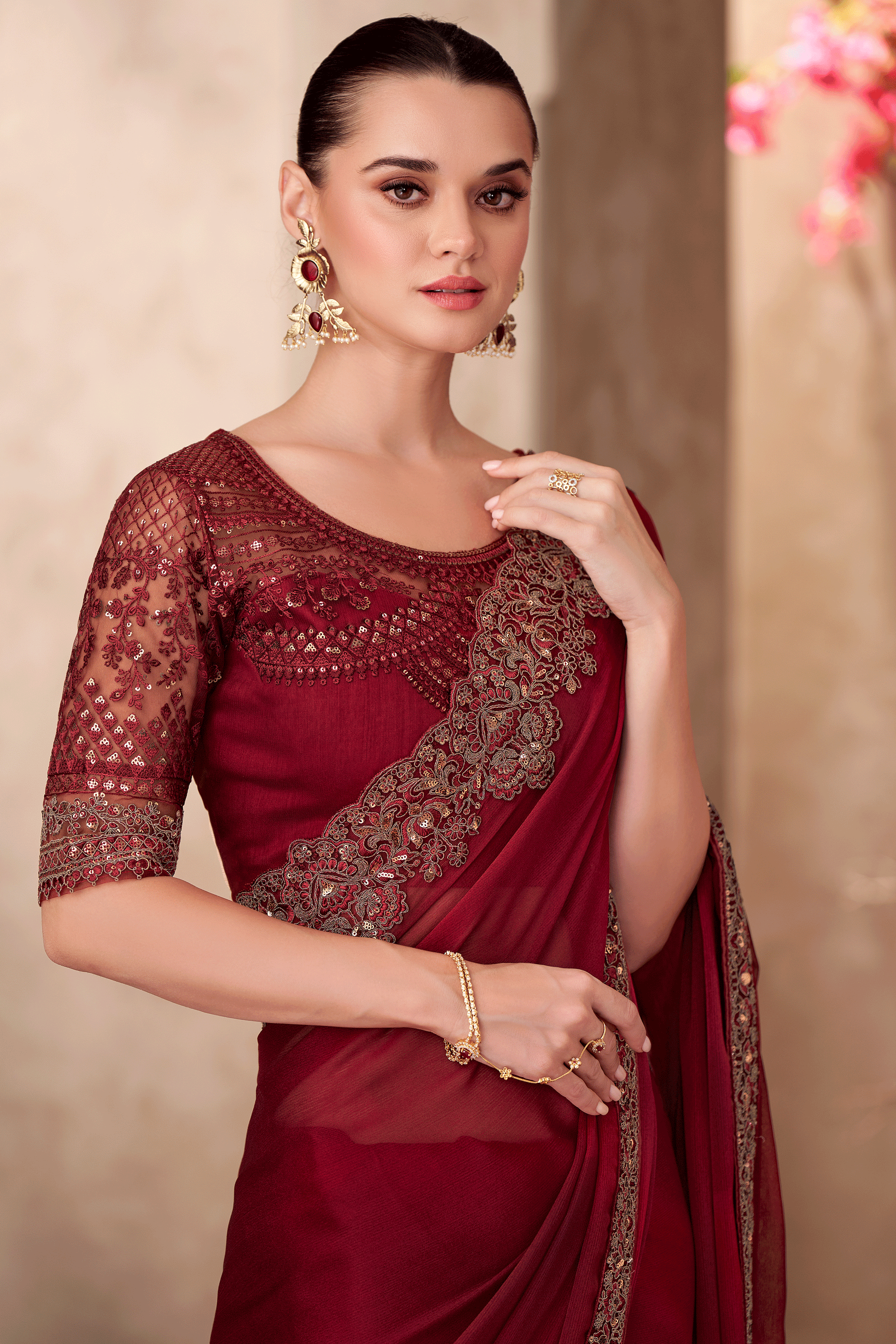 Cherry Red Embroidered Shaded Chiffon Saree-ZB134903_2_SareeButa.com