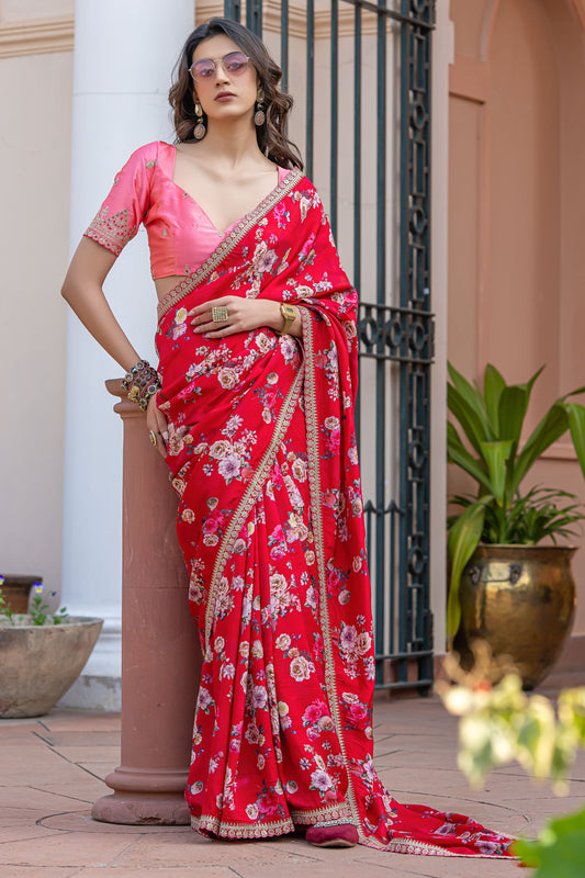 Cherry Pink Printed Viscose Silk Saree with Lace Border-ZB134629_1_SareeButa.com