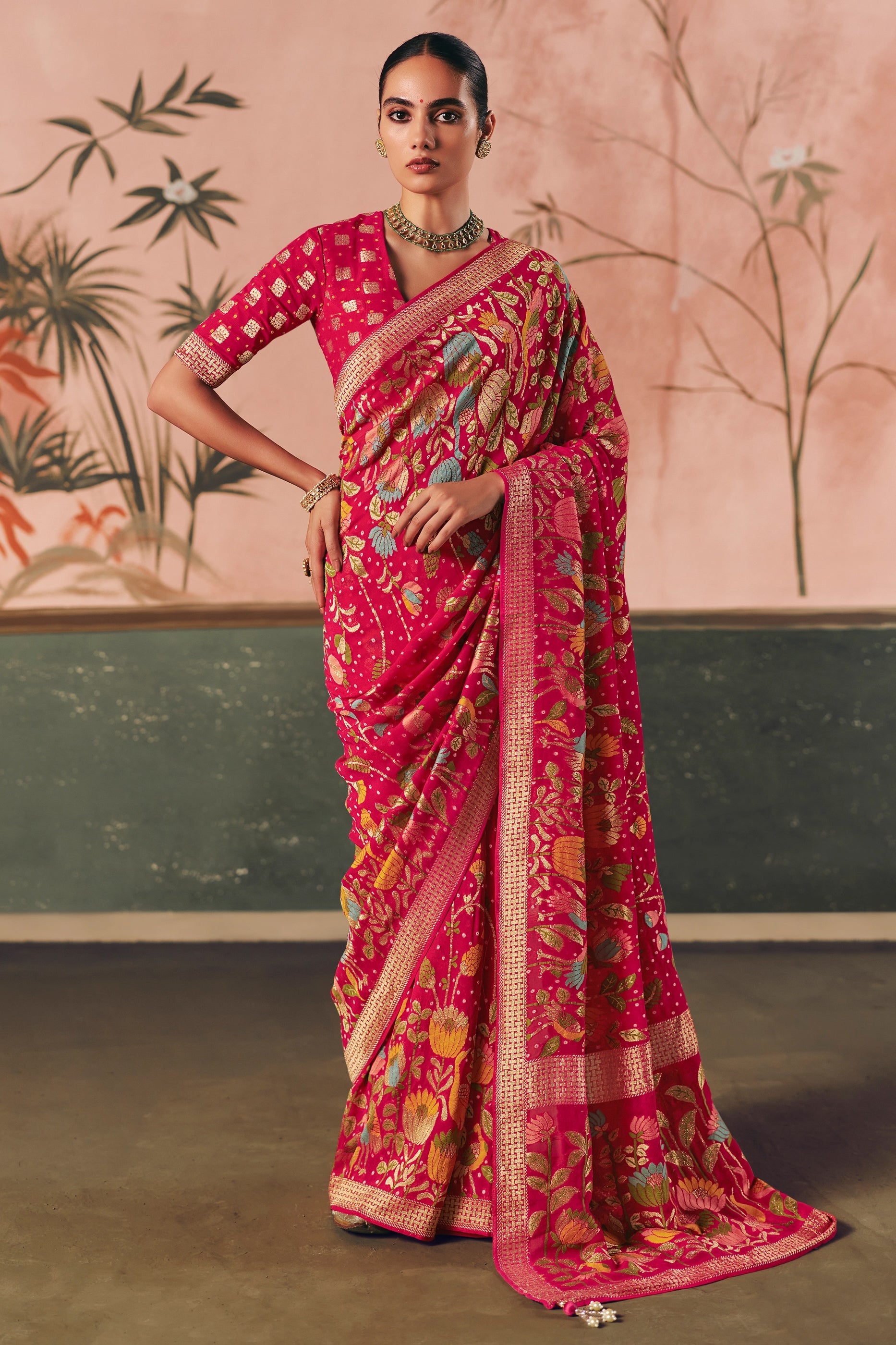 Cherry Pink Woven Georgette Bandhani Saree-SAR10976_1_SareeButa.com