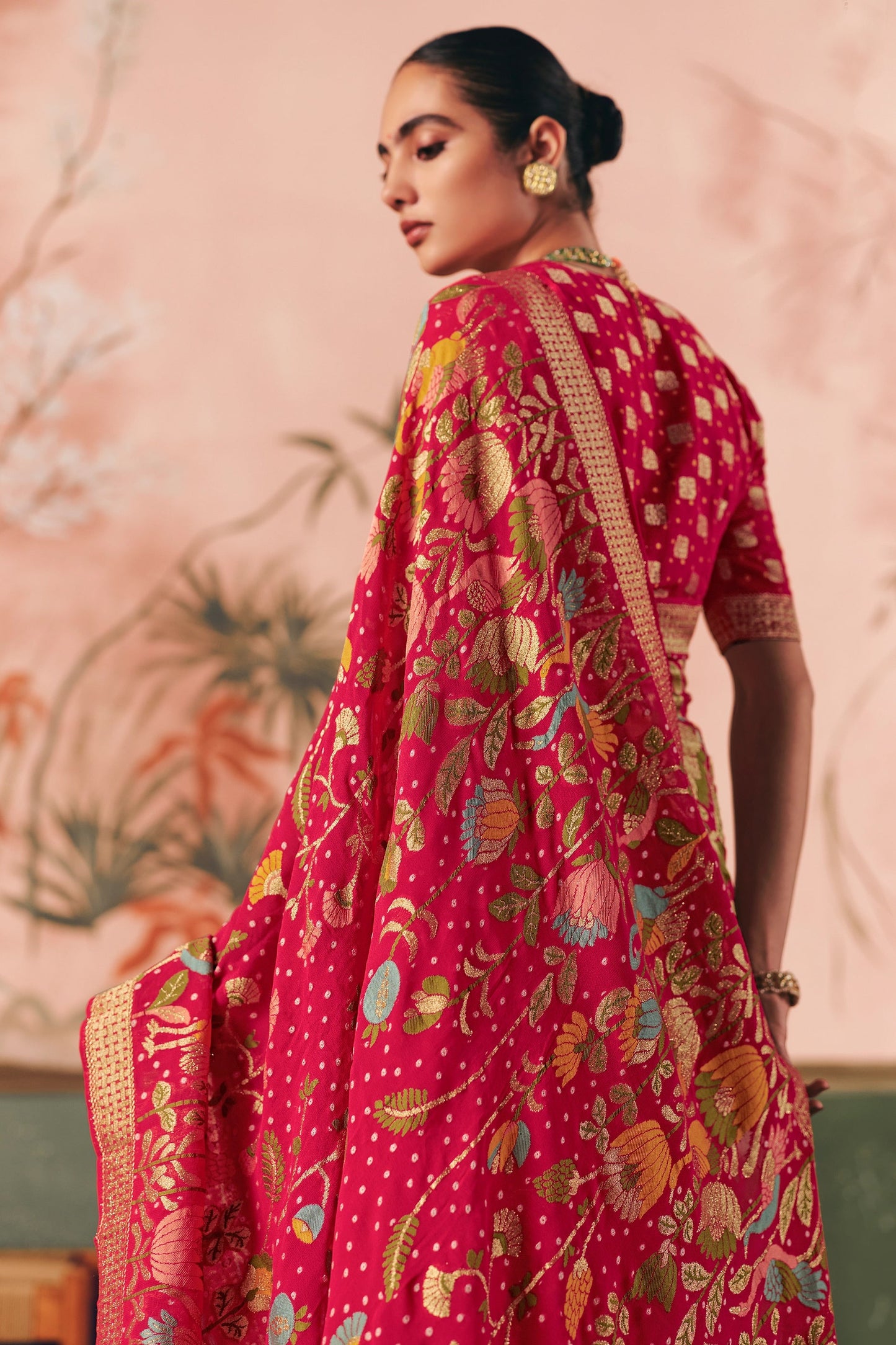 Cherry Pink Woven Georgette Bandhani Saree-SAR10976_3_SareeButa.com