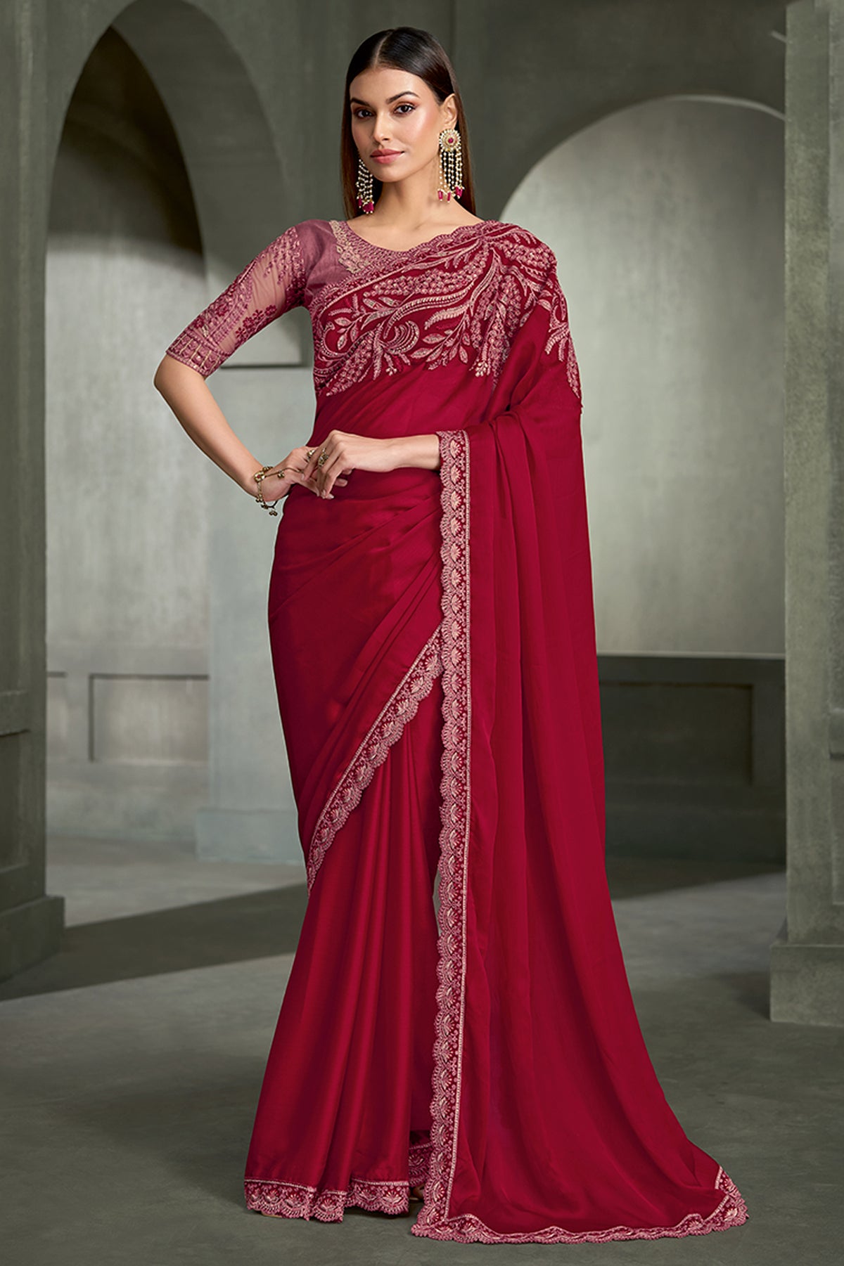 Cherry Red Embroidered Satin Chiffon Saree-SAR13276_1_SareeButa.com