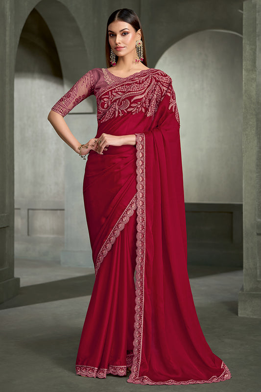 Cherry Red Embroidered Satin Chiffon Saree-SAR13276_1_SareeButa.com