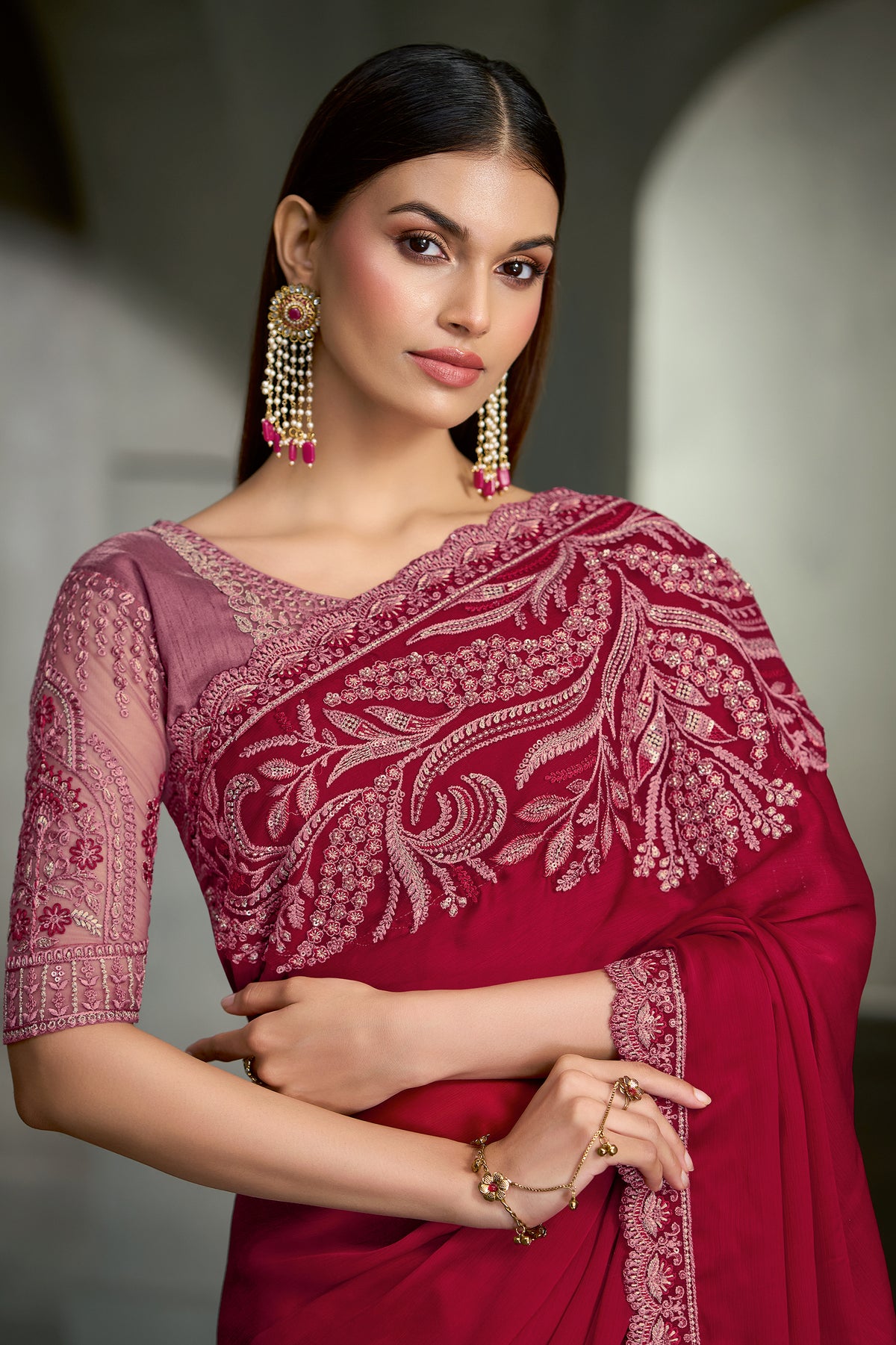 Cherry Red Embroidered Satin Chiffon Saree-SAR13276_2_SareeButa.com