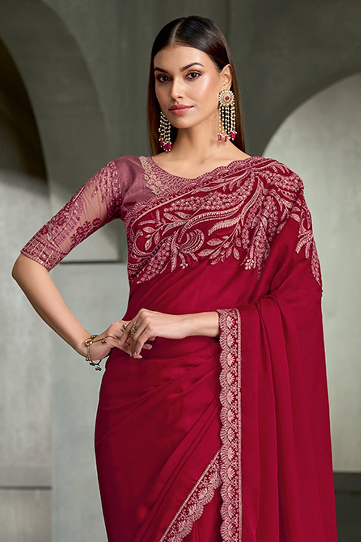 Cherry Red Embroidered Satin Chiffon Saree-SAR13276_4_SareeButa.com
