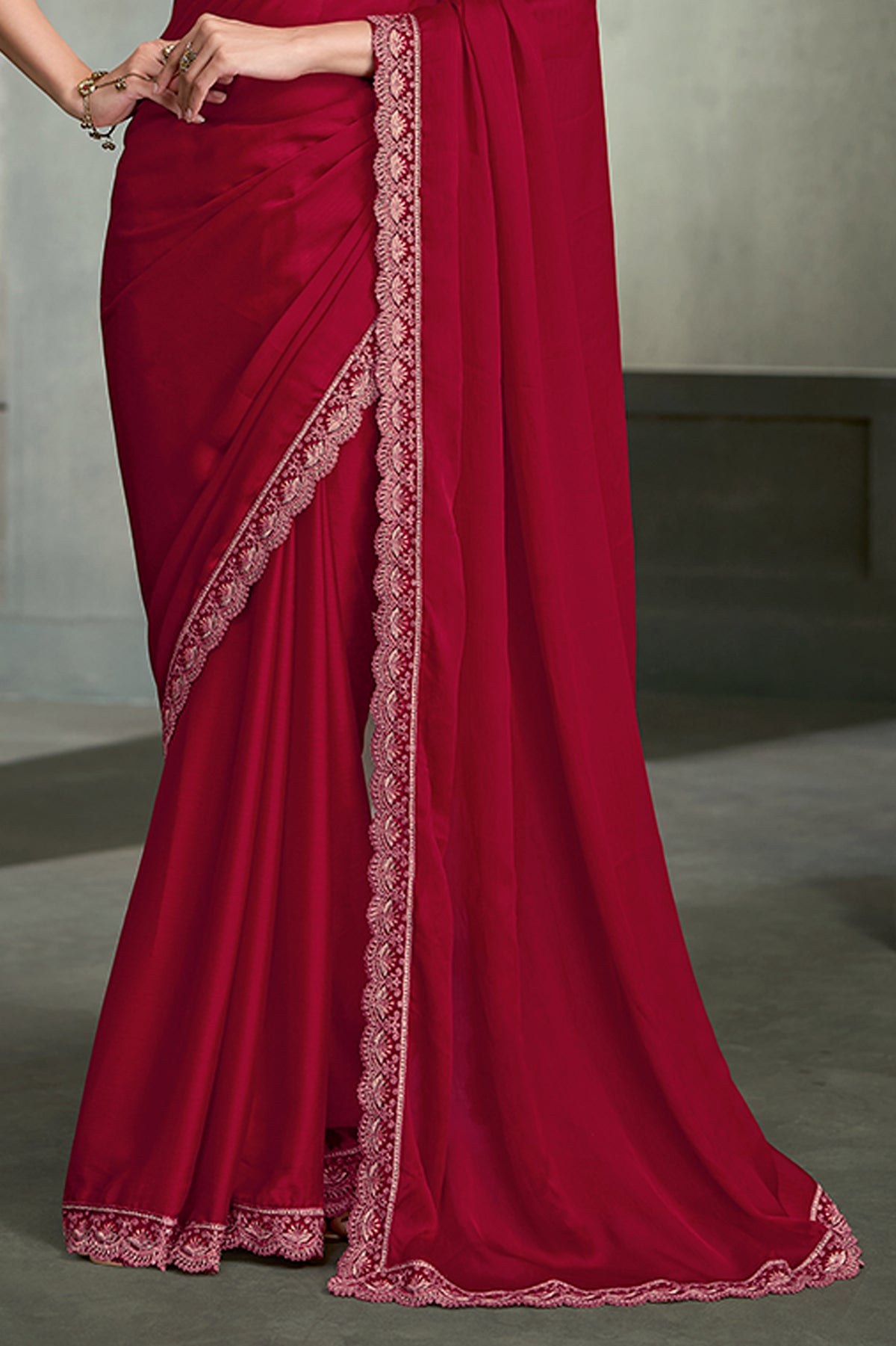 Cherry Red Embroidered Satin Chiffon Saree-SAR13276_5_SareeButa.com