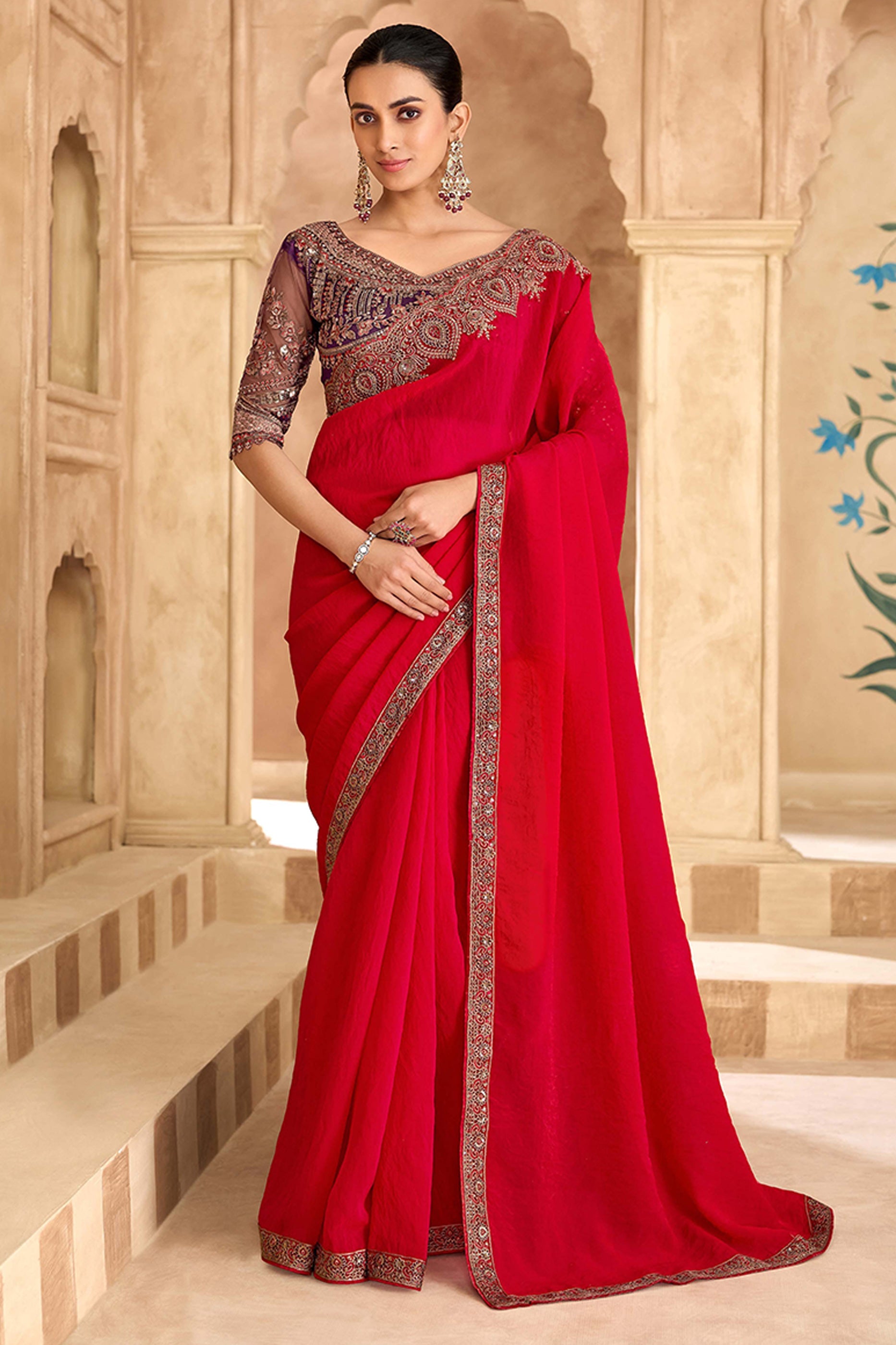 Cherry Red Embroidered Satin Georgette Saree-SAR11704_1_SareeButa.com