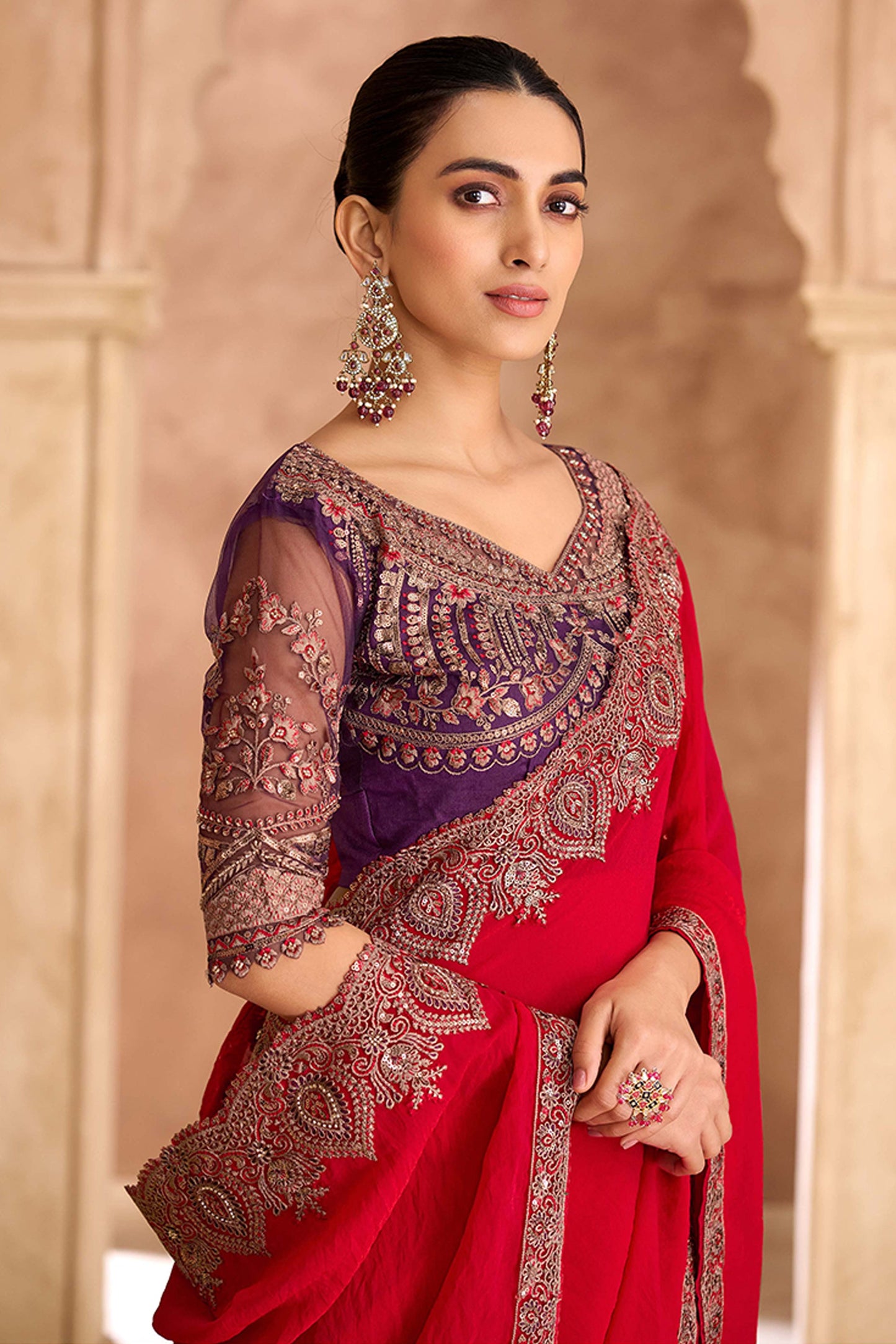 Cherry Red Embroidered Satin Georgette Saree-SAR11704_2_SareeButa.com