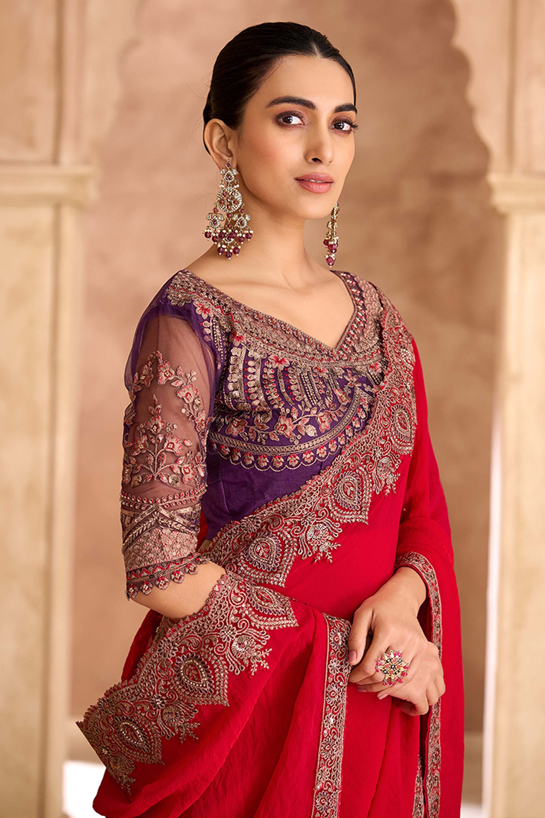 Cherry Red Embroidered Satin Georgette Saree-SAR11704_2_SareeButa.com