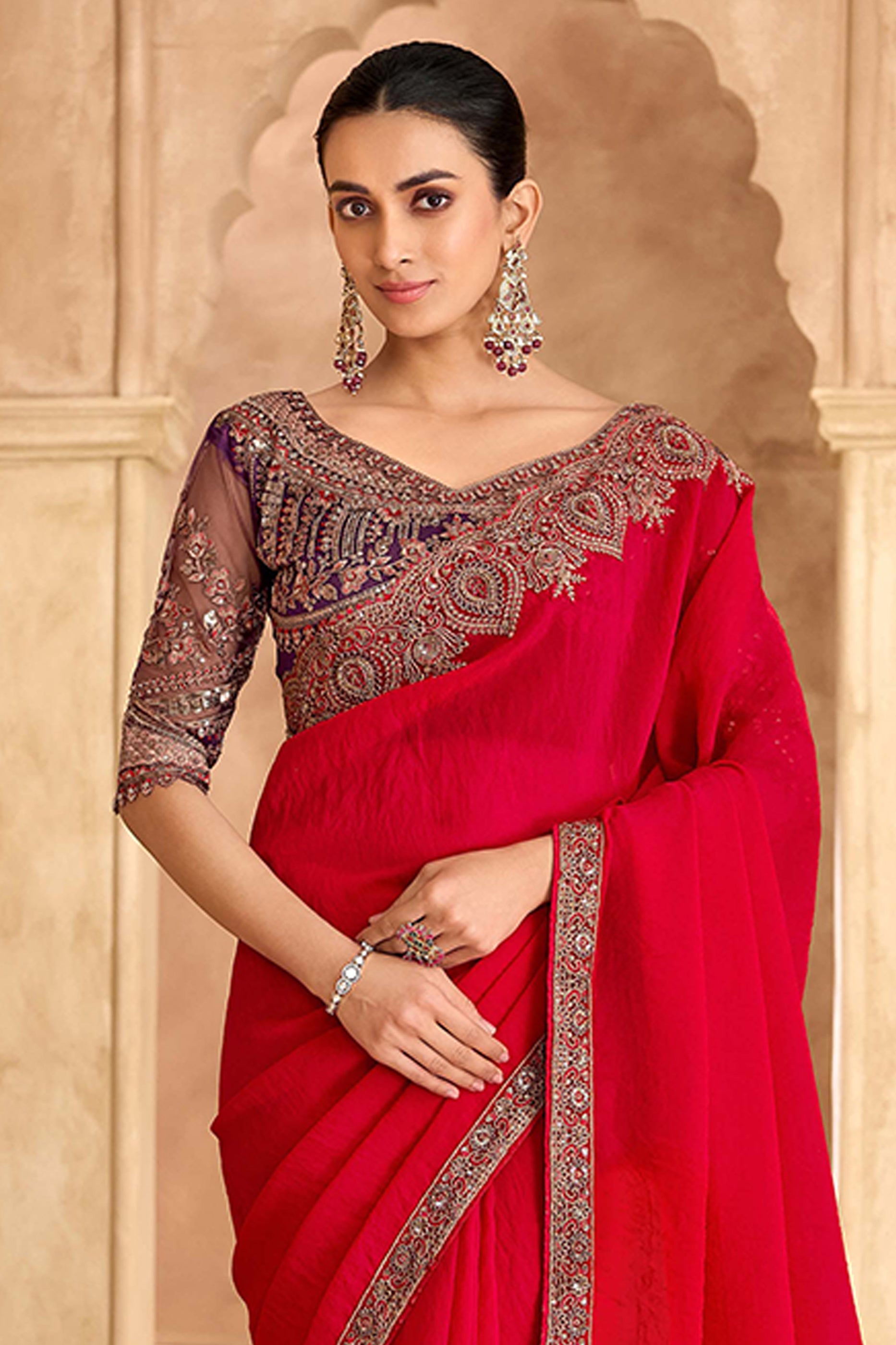 Cherry Red Embroidered Satin Georgette Saree-SAR11704_3_SareeButa.com