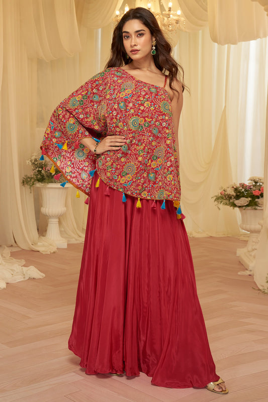 Cherry Red Readymade One Shoulder Palazzo Set-SAR12059_1_SareeButa.com