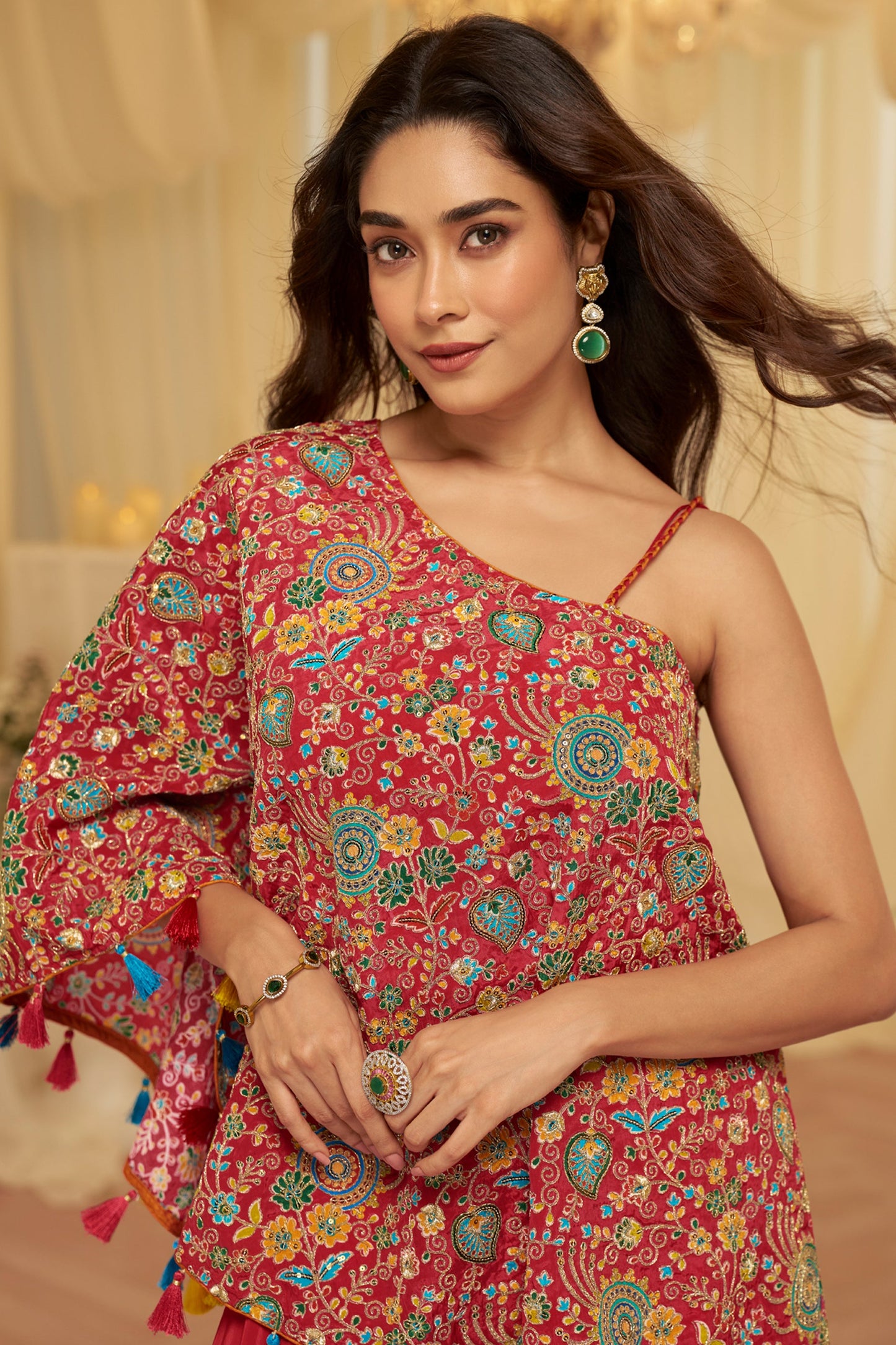 Cherry Red Readymade One Shoulder Palazzo Set-SAR12059_3_SareeButa.com