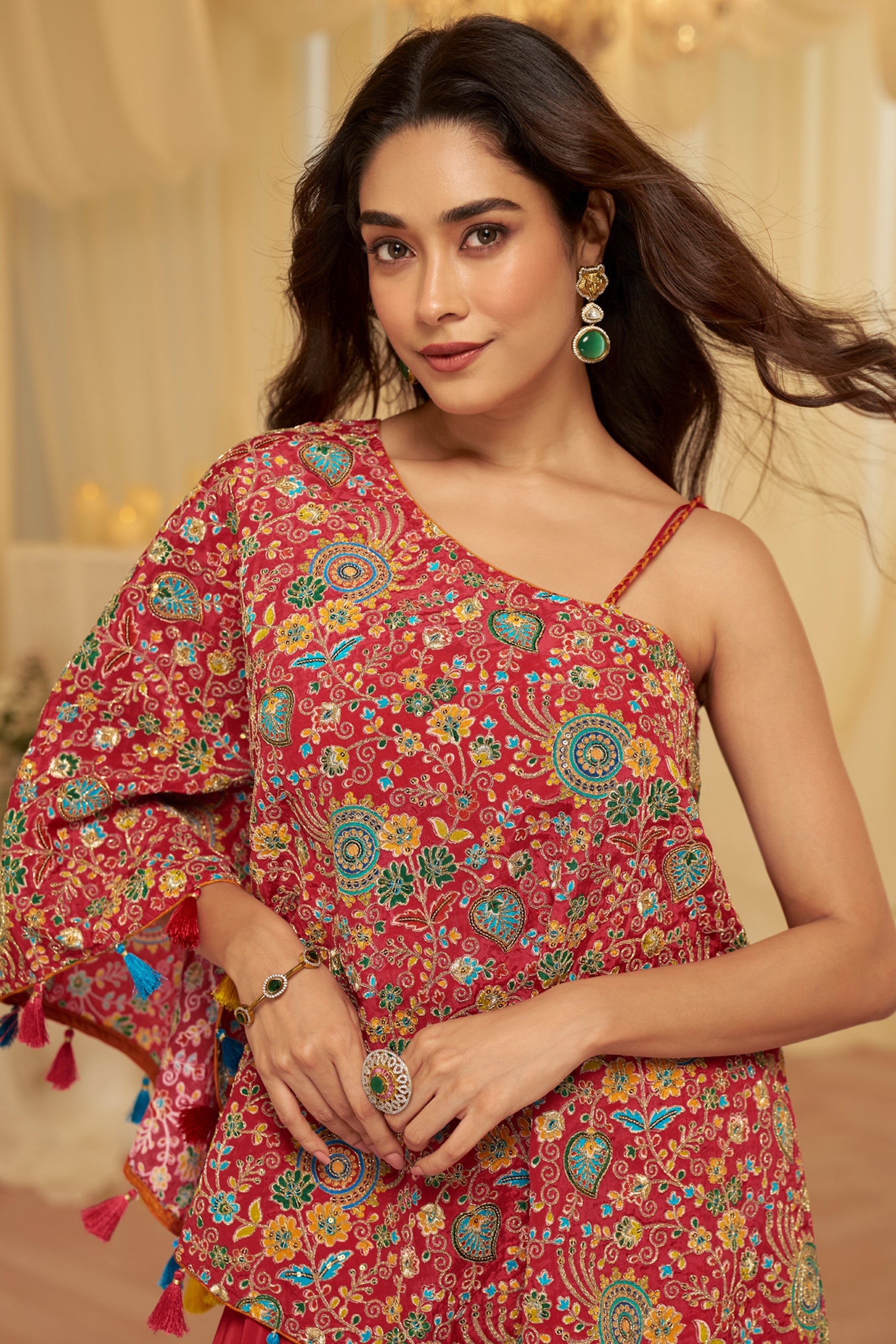 Cherry Red Readymade One Shoulder Palazzo Set-SAR12059_3_SareeButa.com