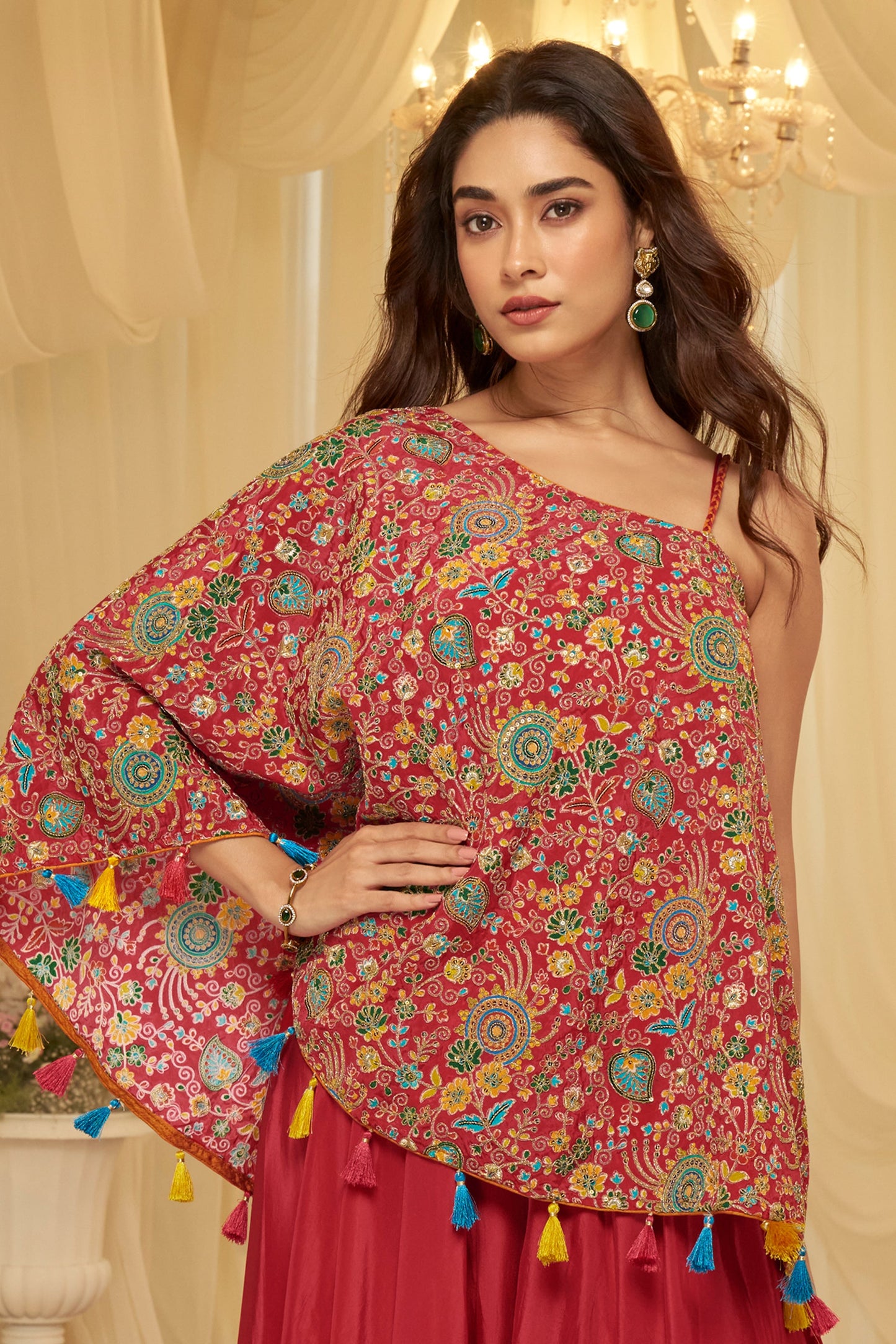 Cherry Red Readymade One Shoulder Palazzo Set-SAR12059_4_SareeButa.com