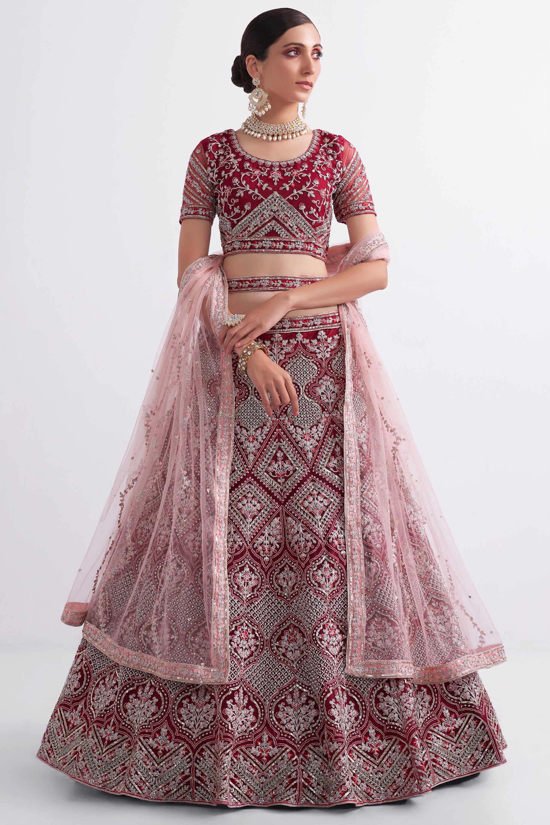 Cherry Red Semi Stitched Embroidered Net Lehenga-LC6_1_SareeButa.com
