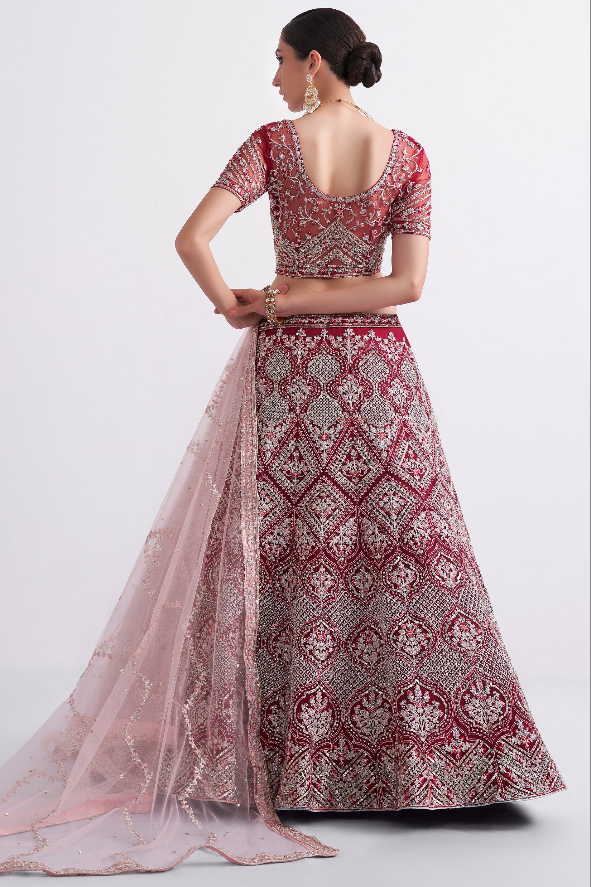 Cherry Red Semi Stitched Embroidered Net Lehenga-LC6_3_SareeButa.com