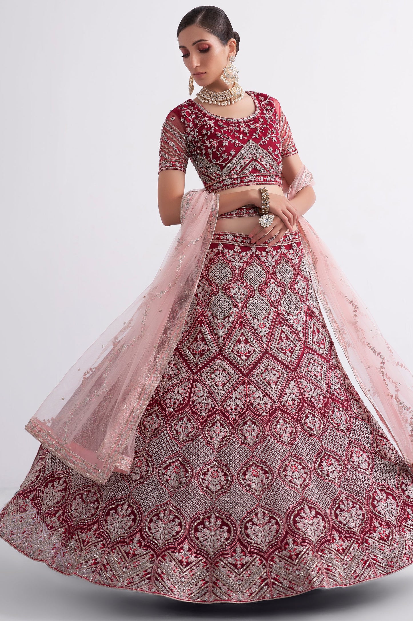 Cherry Red Semi Stitched Embroidered Net Lehenga-LC6_4_SareeButa.com
