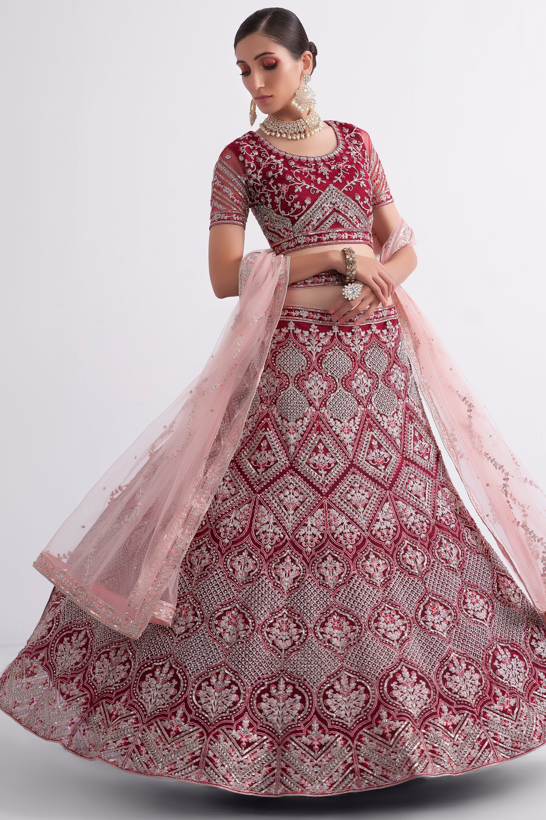 Cherry Red Semi Stitched Embroidered Net Lehenga-LC6_4_SareeButa.com