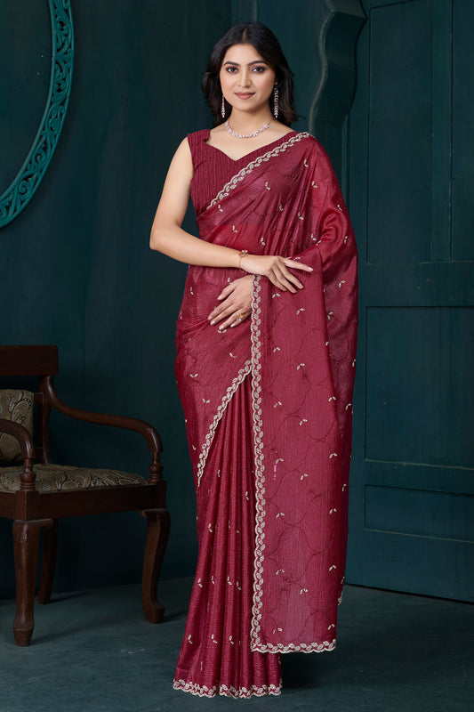 Cherry Red Stone Work Crepe Saree-SAR10746_1_SareeButa.com