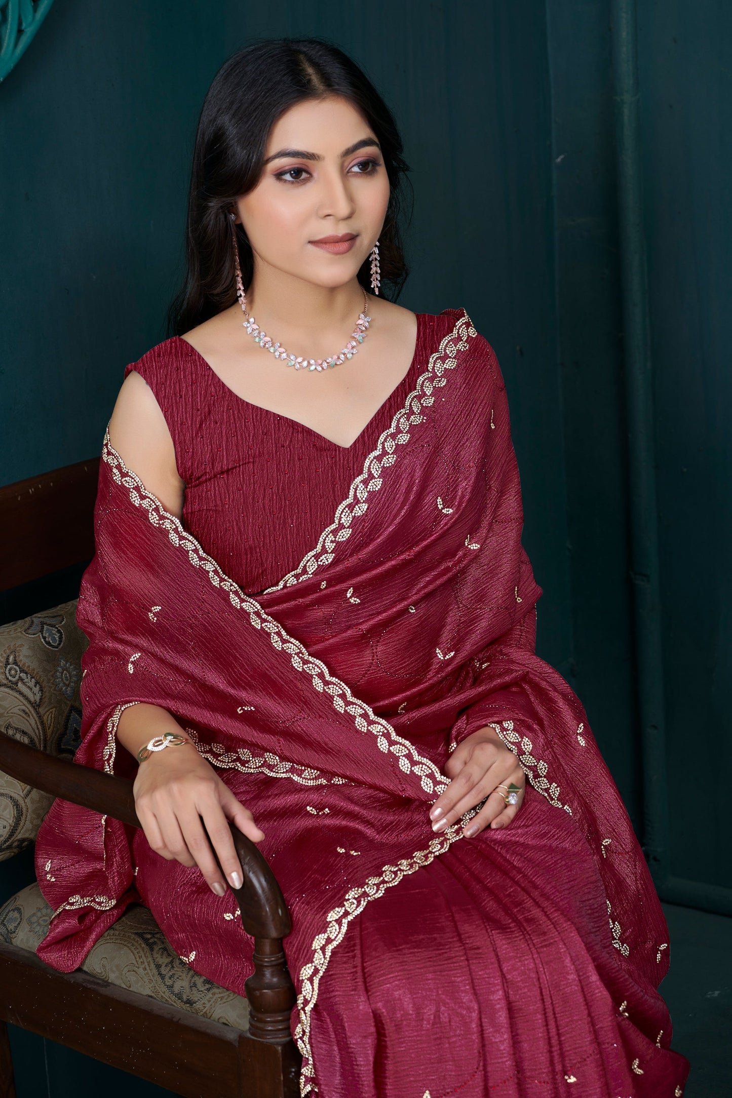 Cherry Red Stone Work Crepe Saree-SAR10746_2_SareeButa.com