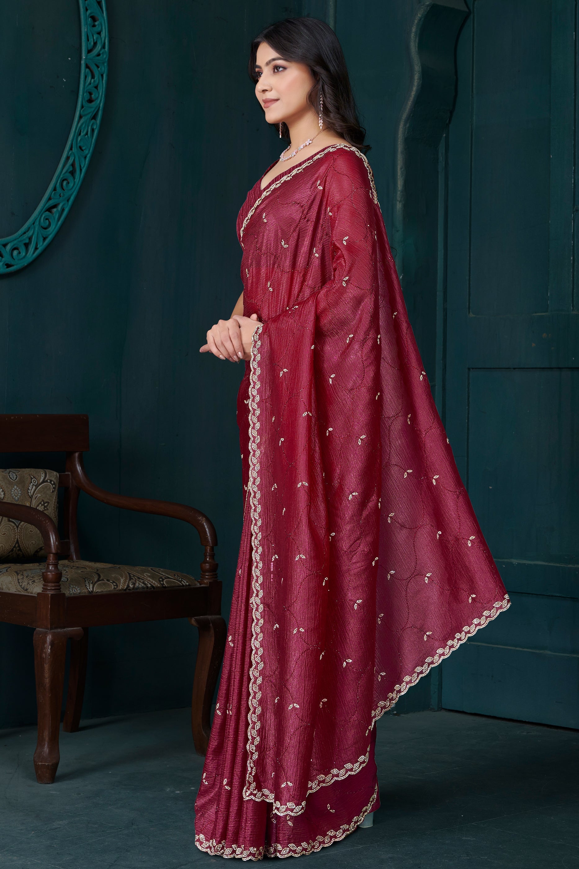 Cherry Red Stone Work Crepe Saree-SAR10746_3_SareeButa.com