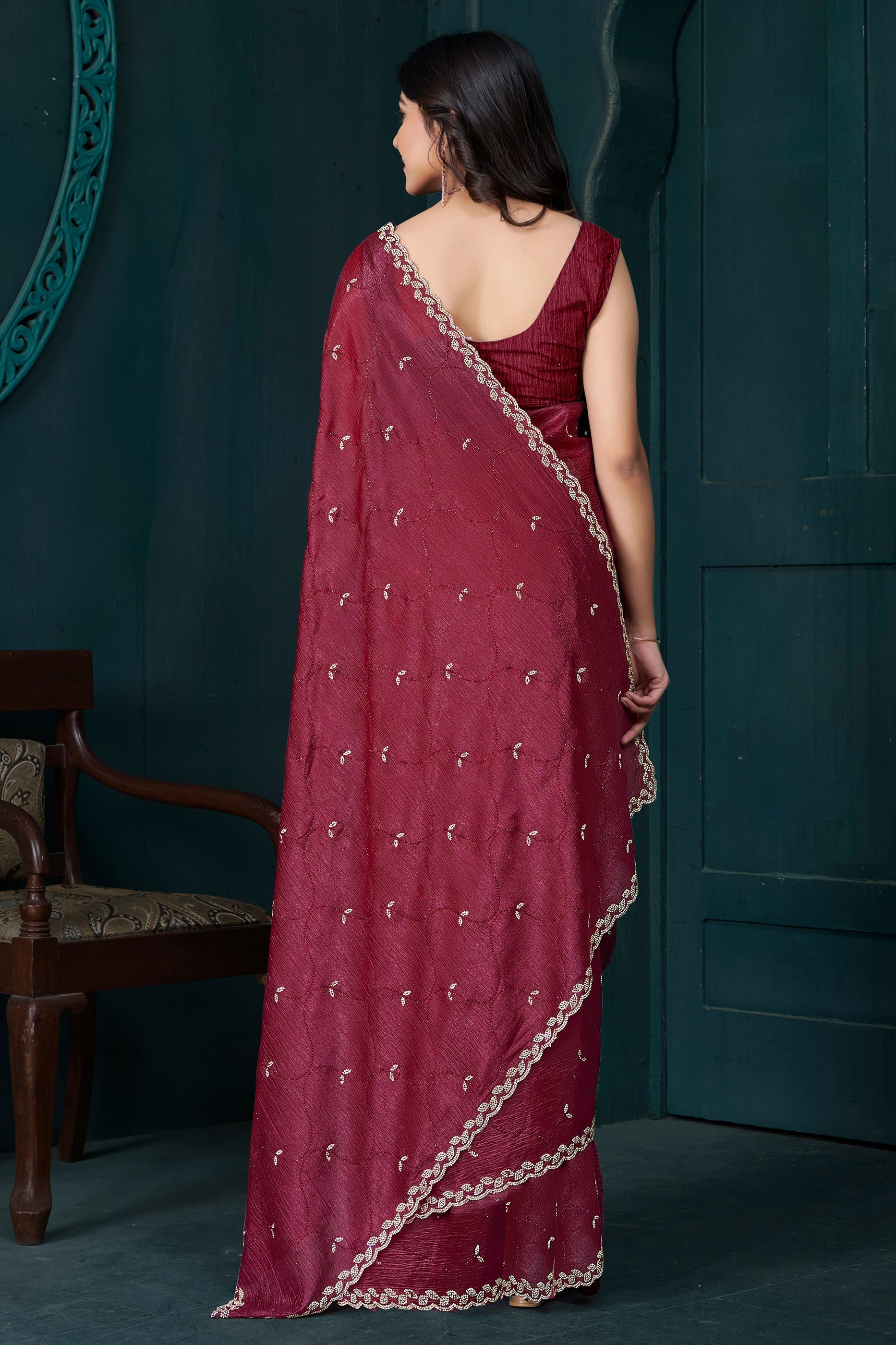 Cherry Red Stone Work Crepe Saree-SAR10746_4_SareeButa.com