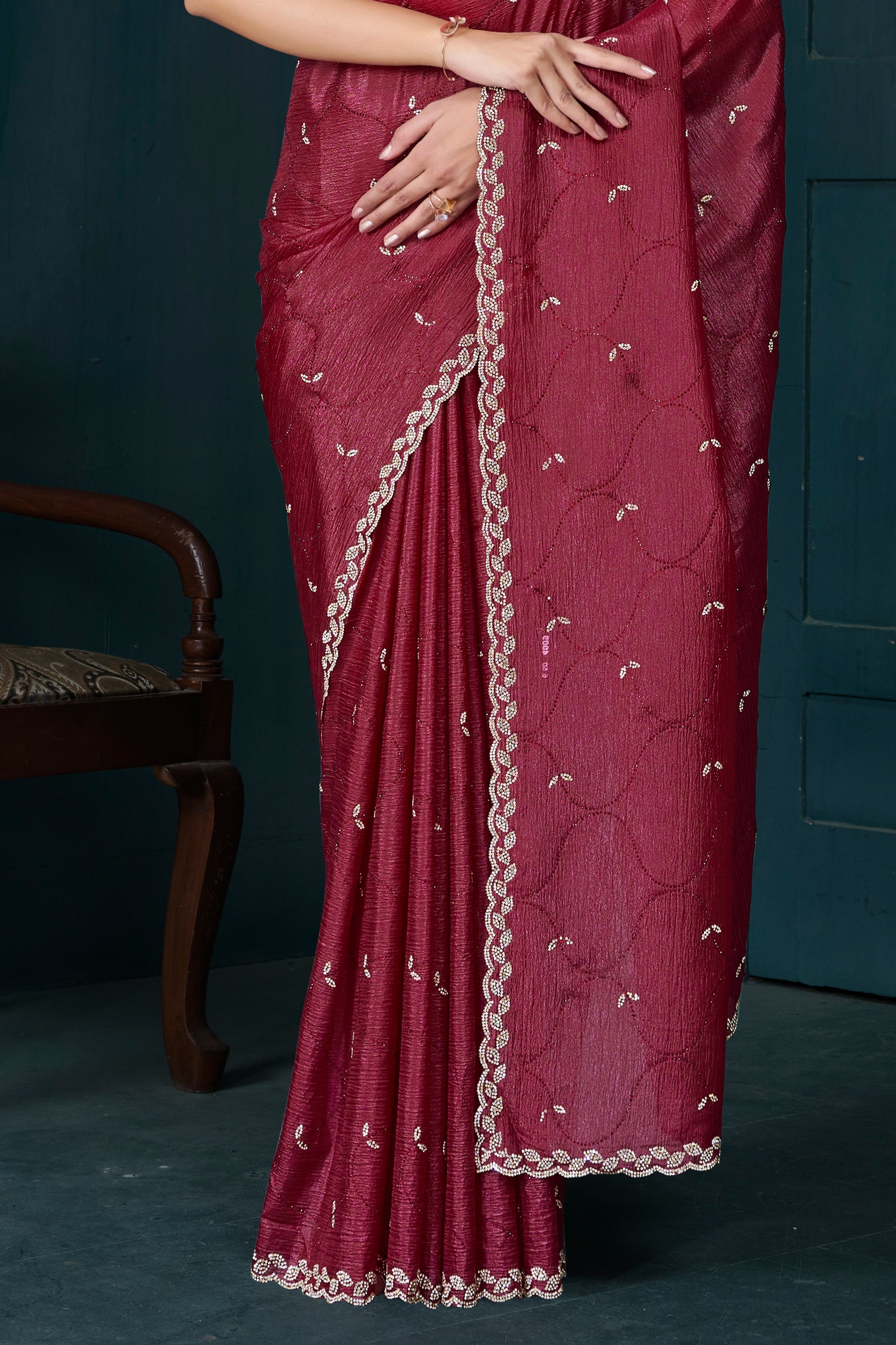 Cherry Red Stone Work Crepe Saree-SAR10746_5_SareeButa.com