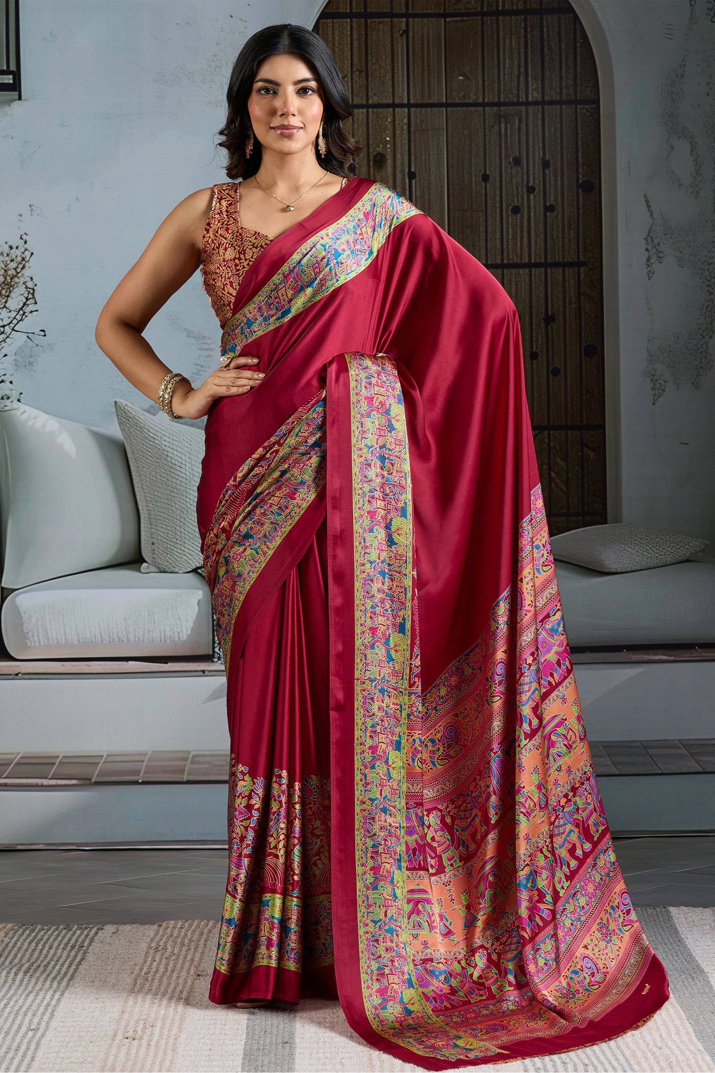 Claret Red Ajrakh Print Satin Saree-SAR11829_1_SareeButa.com