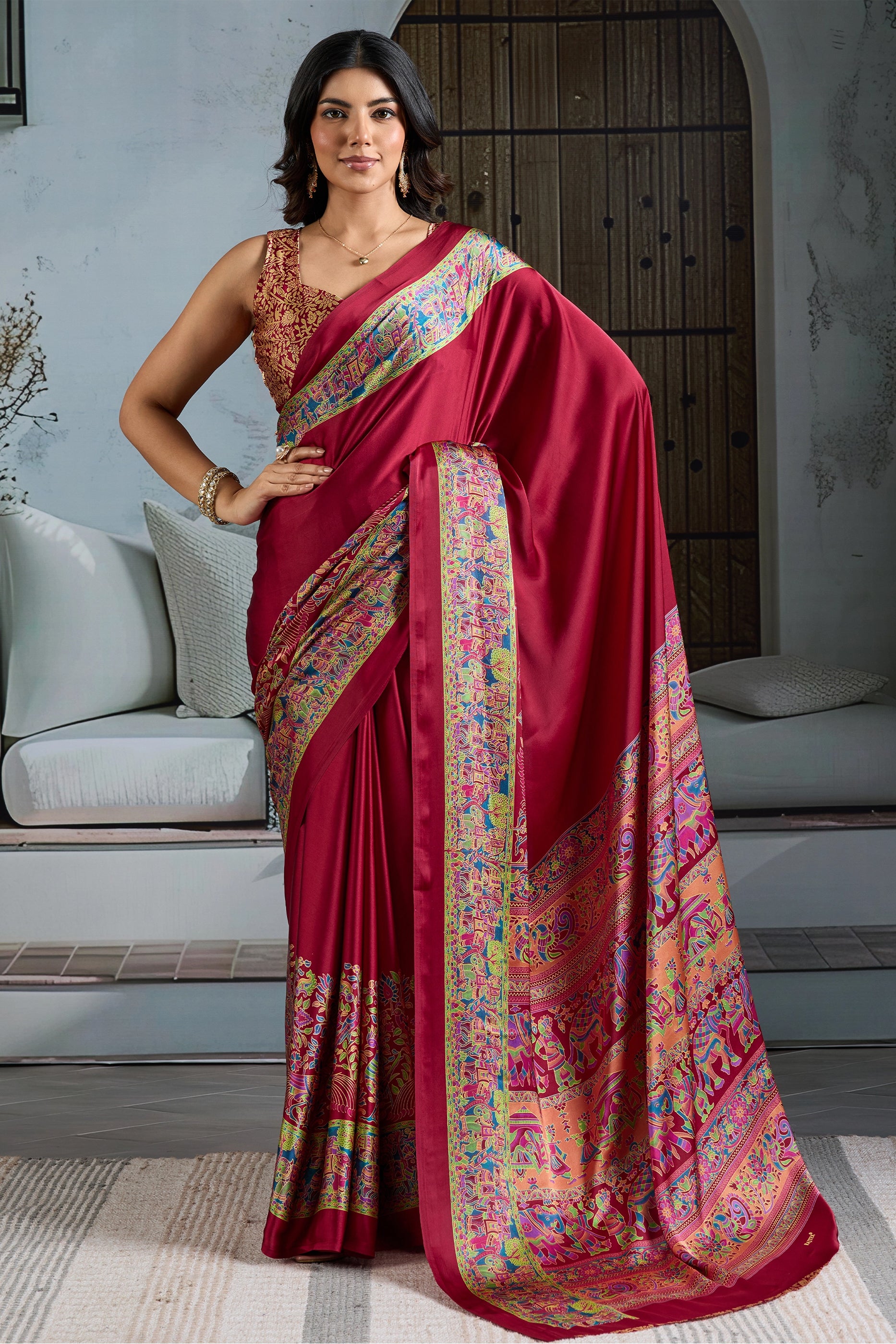 Claret Red Ajrakh Print Satin Saree-SAR11829_1_SareeButa.com