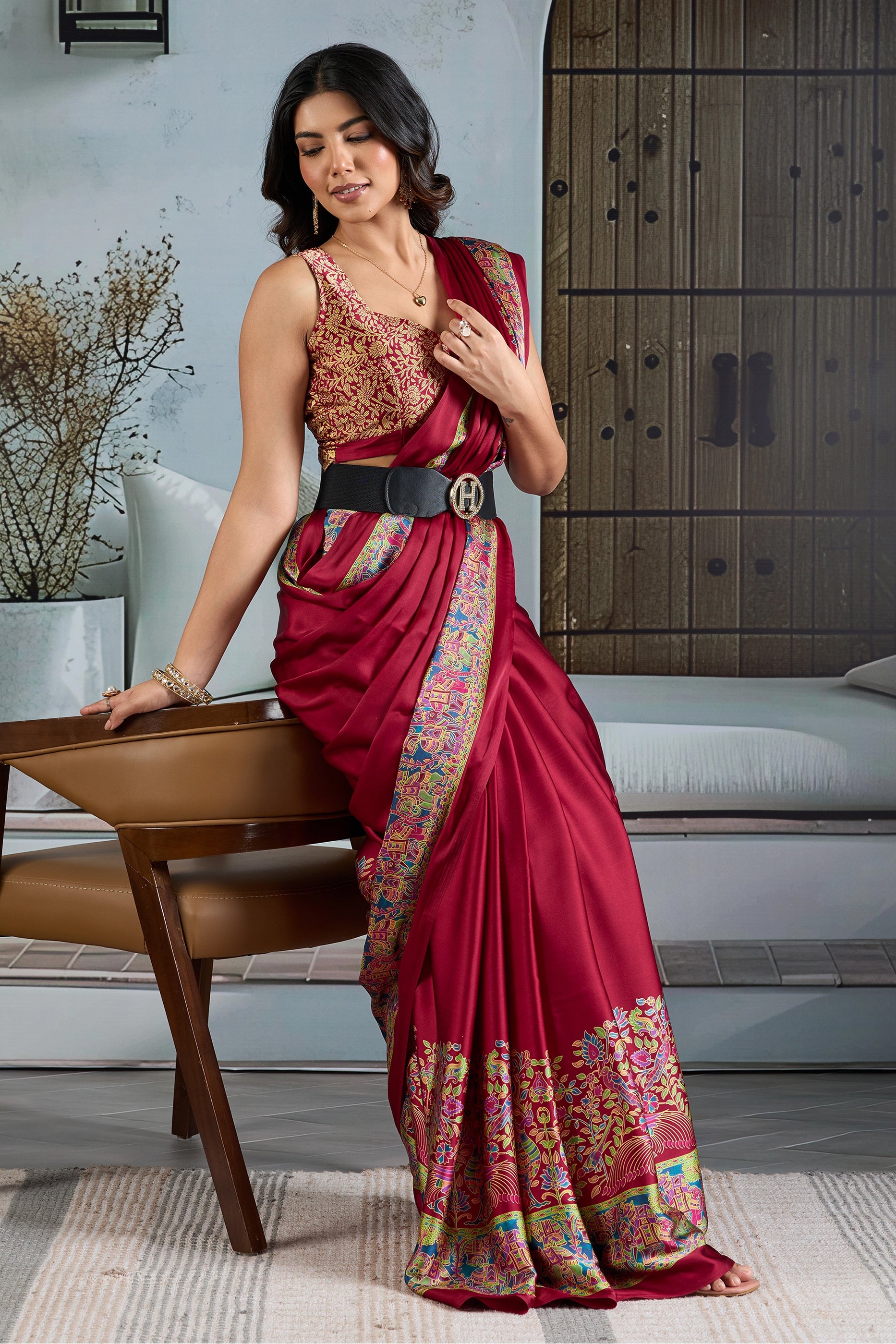 Claret Red Ajrakh Print Satin Saree-SAR11829_3_SareeButa.com