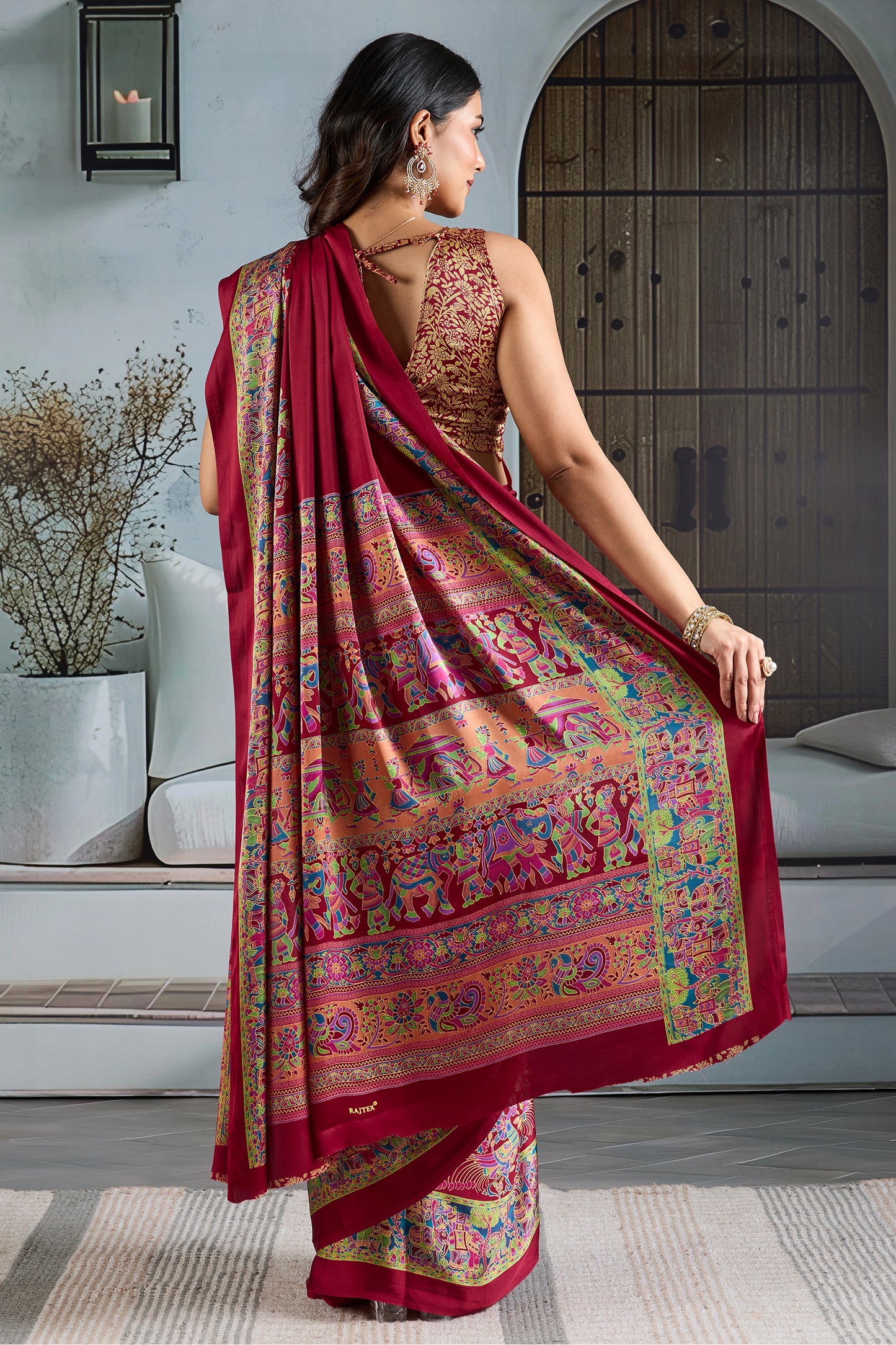 Claret Red Ajrakh Print Satin Saree-SAR11829_4_SareeButa.com