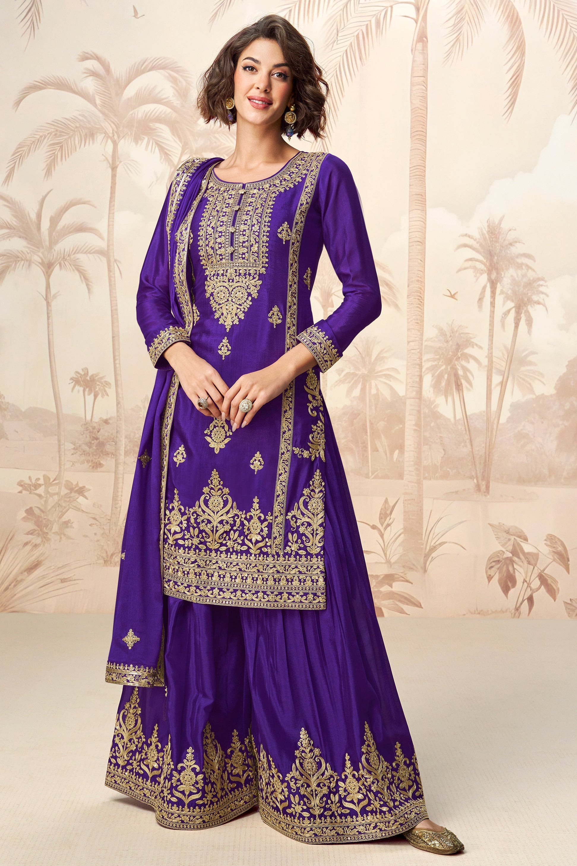 Cobalt Blue Readymade Embroidered Chinon Silk Palazzo Suit-SS742_1_SareeButa.com