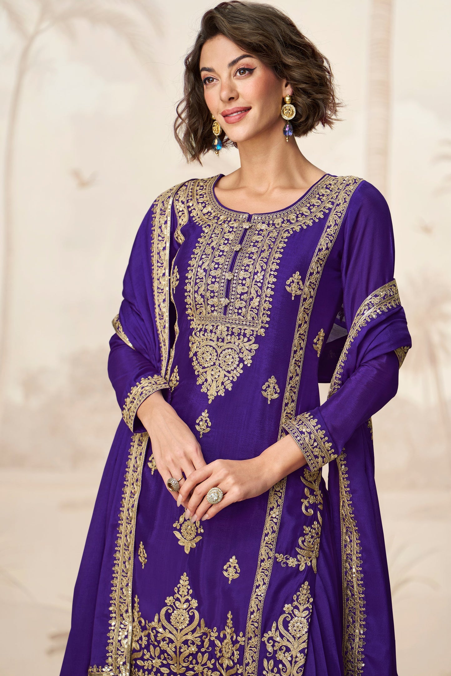 Cobalt Blue Readymade Embroidered Chinon Silk Palazzo Suit-SS742_2_SareeButa.com