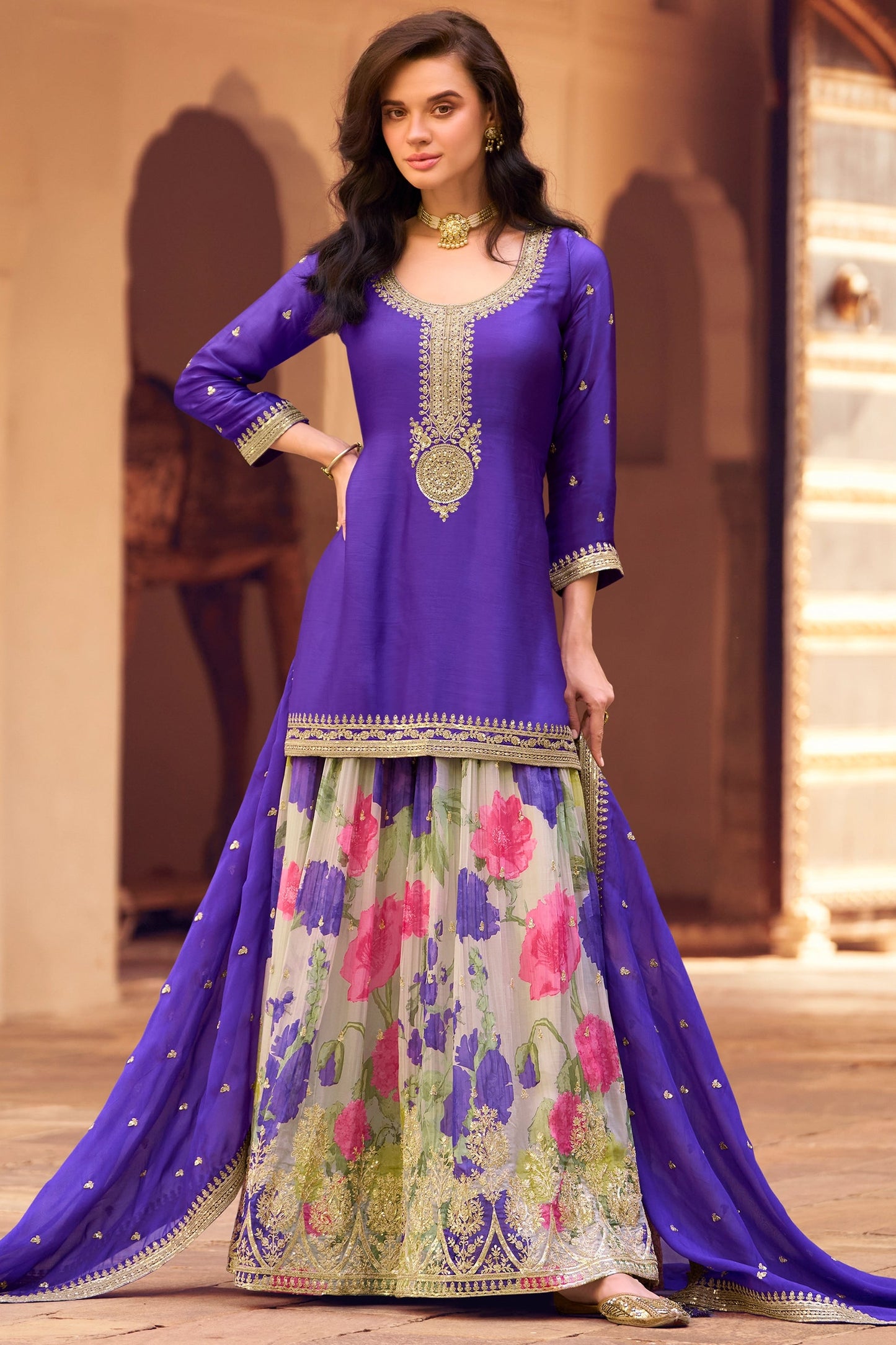 Cobalt Blue Readymade Embroidered Chinon Silk Sharara Suit-SAR10505_1_SareeButa.com
